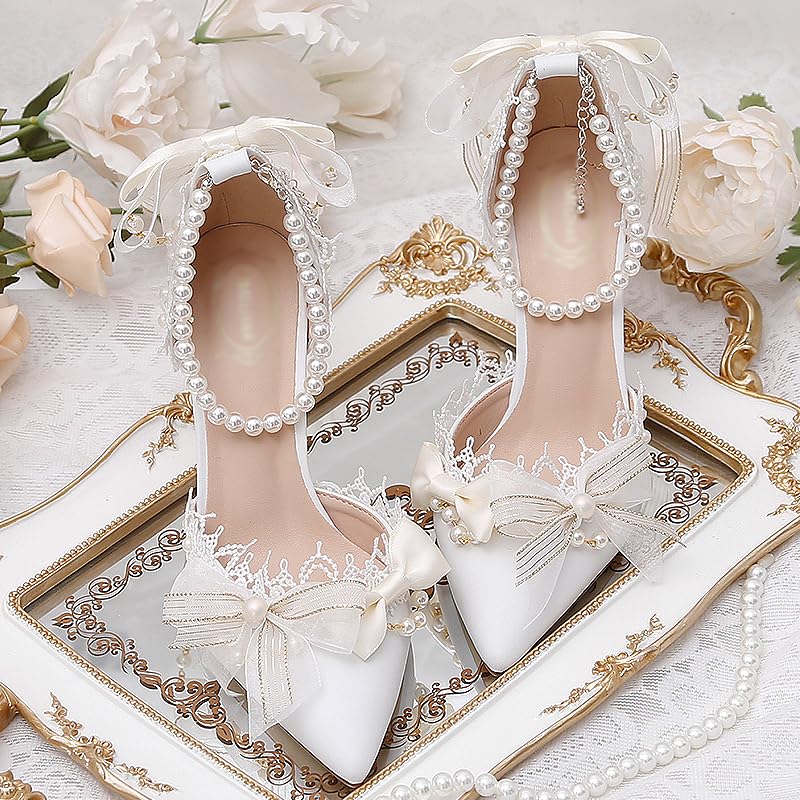 White lace trim bowknot pointed-toe hollow high-heeled women's shoes, bridal wedding dress Lolita style4