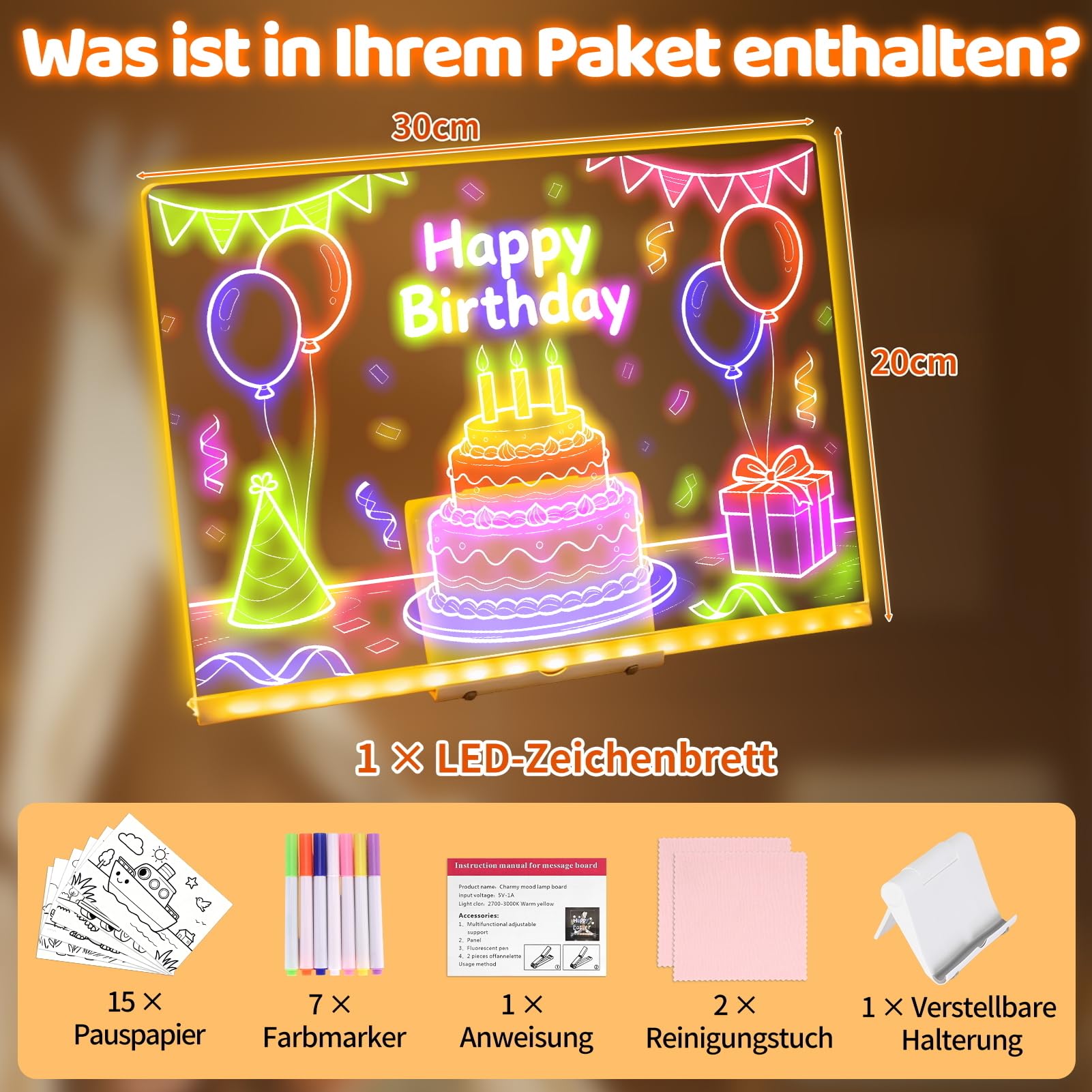 LED Zeichenbrett,30x20cm Led Maltafel Kinder mit 15 doppelseitiges Pauspapier (30 Skizzen), 7 Farbmarker, Notiztafel mit Farben, Notiztafel Kreatives Geschenk Spielzeug für Kinder