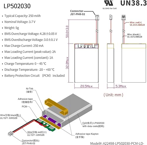 Miniatura 2 de EEMB Batería de polímero de litio de 3.7 V 250 mAh 502030 Lipo Batería recargable con conector JST de cable para VXI Blue Parrott - Confirma la