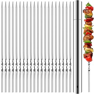 Heavy Duty Grilling Skewers,Stainless Steel Kabob Skewers,13.2Inch Long Barbecue Skewers, Resuable Kebob Skewers BBQ Sticks for Shish Meat Shrimp (Set of 20pcs Skewers +1 Tube Storage) (Flat Skewers)