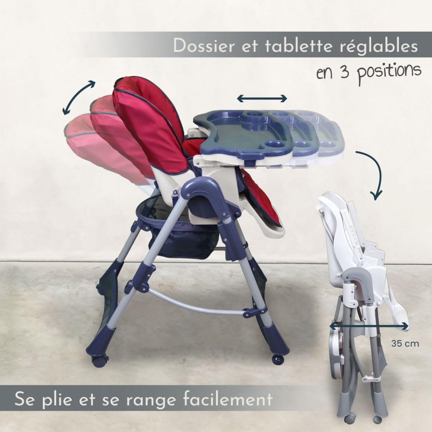 Monsieur Bébé - Chaise haute enfant pliable, réglable hauteur, dossier et tablette - Plusieurs coloris