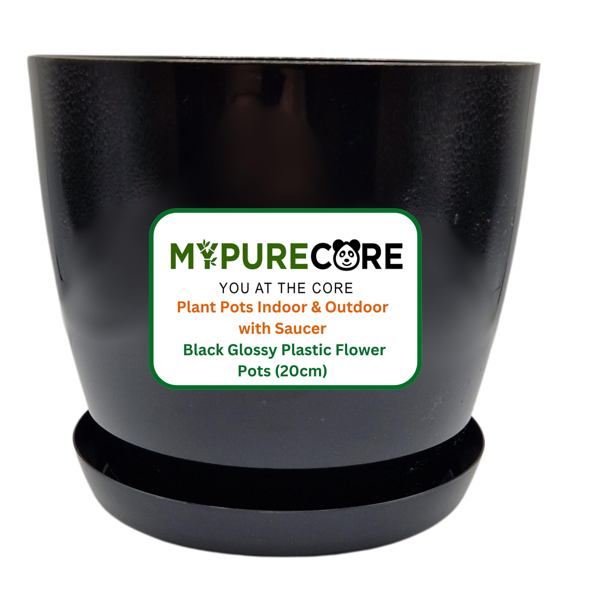 Mypurecore You At The Core Black Mypurecore Plant Pots Indoor 20Cm With Saucer – Stylish Glossy Plastic Flower Pot – Durable Indoor & Outdoor Planter For House Plants, Herbs, & Succulents (, 20 Cm)