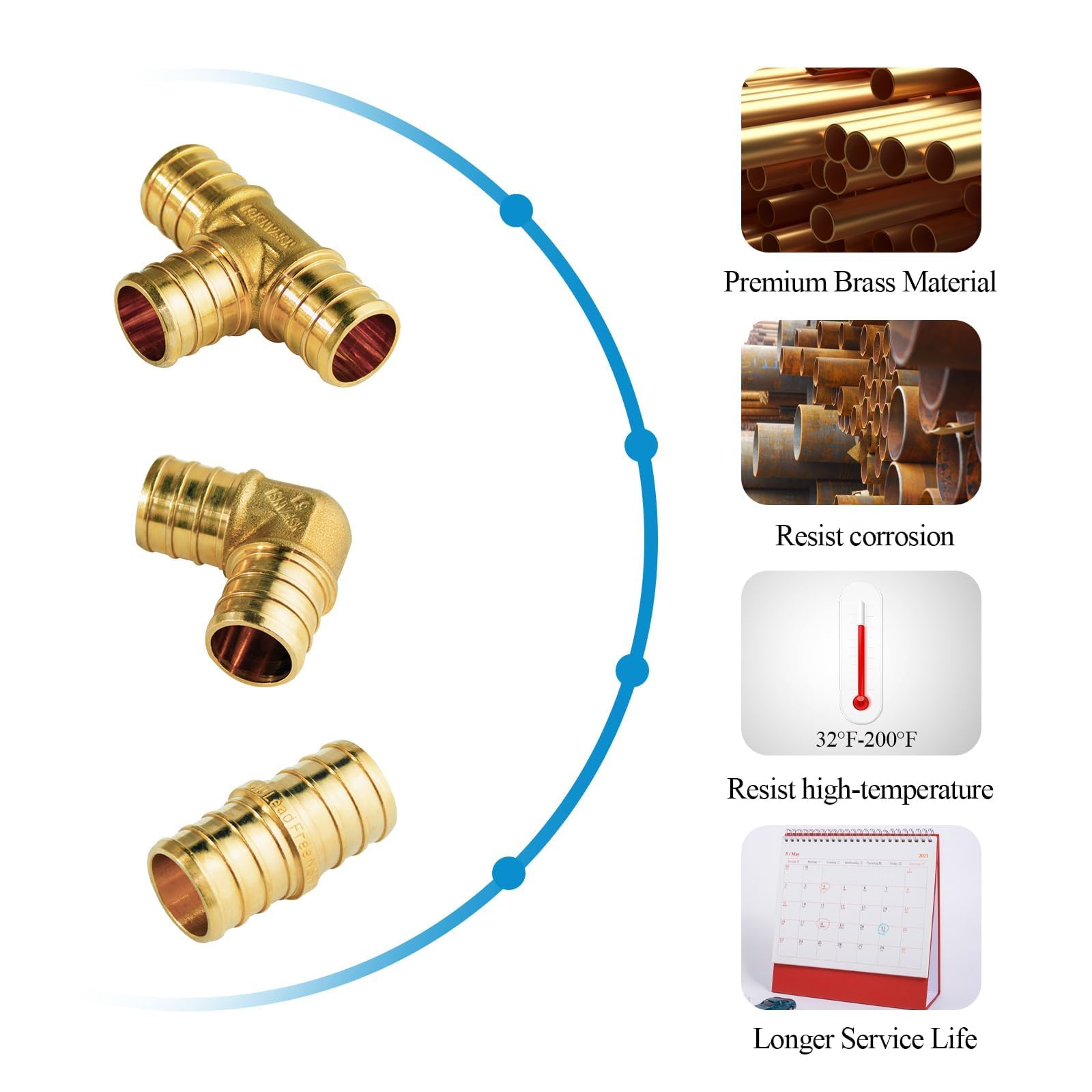 WiseWater 60 accesorios Pex, T PEX de 3/4 pulgadas (20 piezas) y codo de 90 grados (20 piezas) y acoplamiento recto (20 piezas), accesorio de tubería de latón para tubo Pex (paquete de 60),