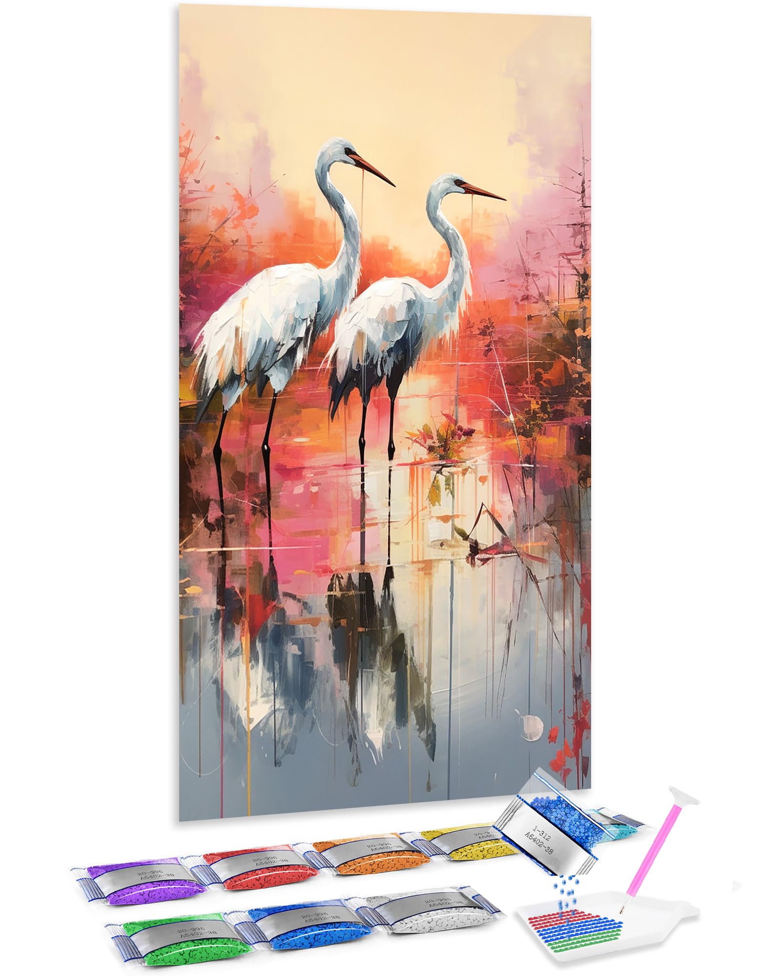 Diamond painting 5D con efecto brillante tridimensional Jumpdot, grúa en el lago de 70x40 8