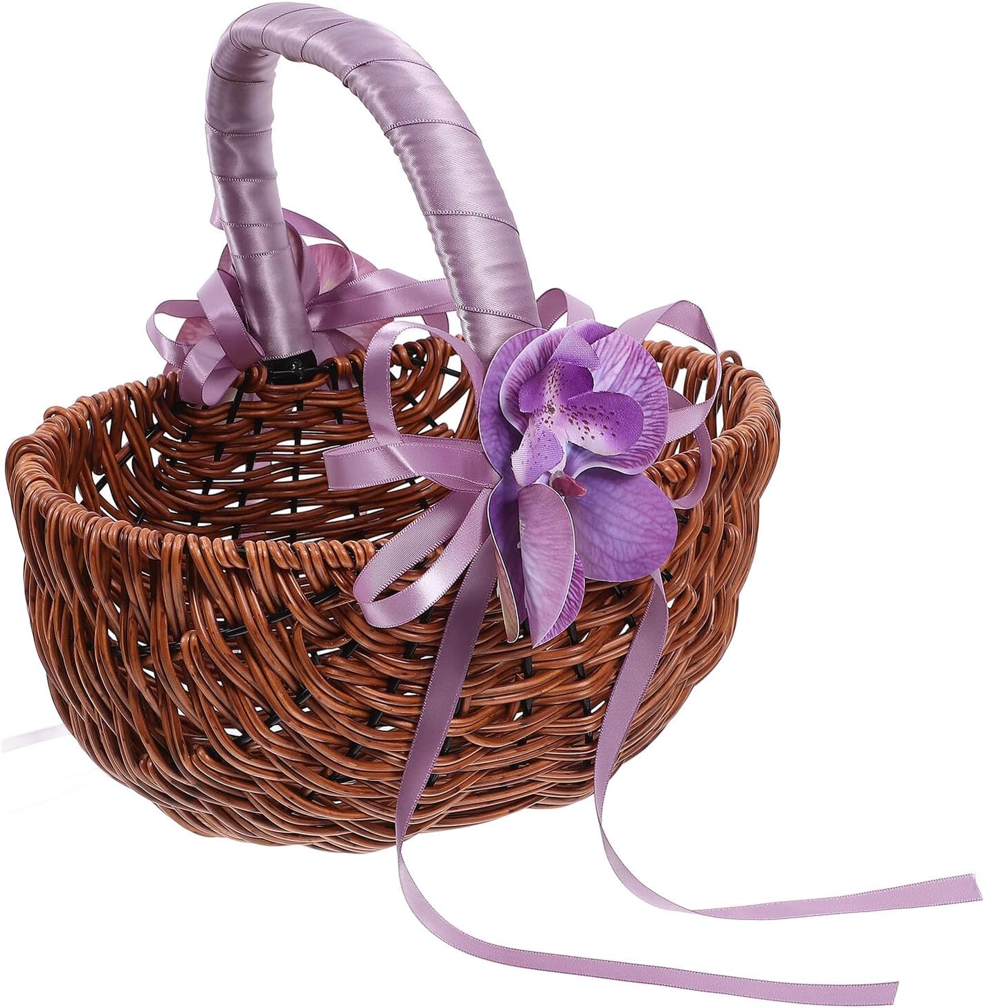 Handwoven Rustic Wedding Basket with Purple Handle, Wooden and Plastic Flower Girl Basket for Wedding Supplies, Handheld Container for Ceremony and Party Decorations