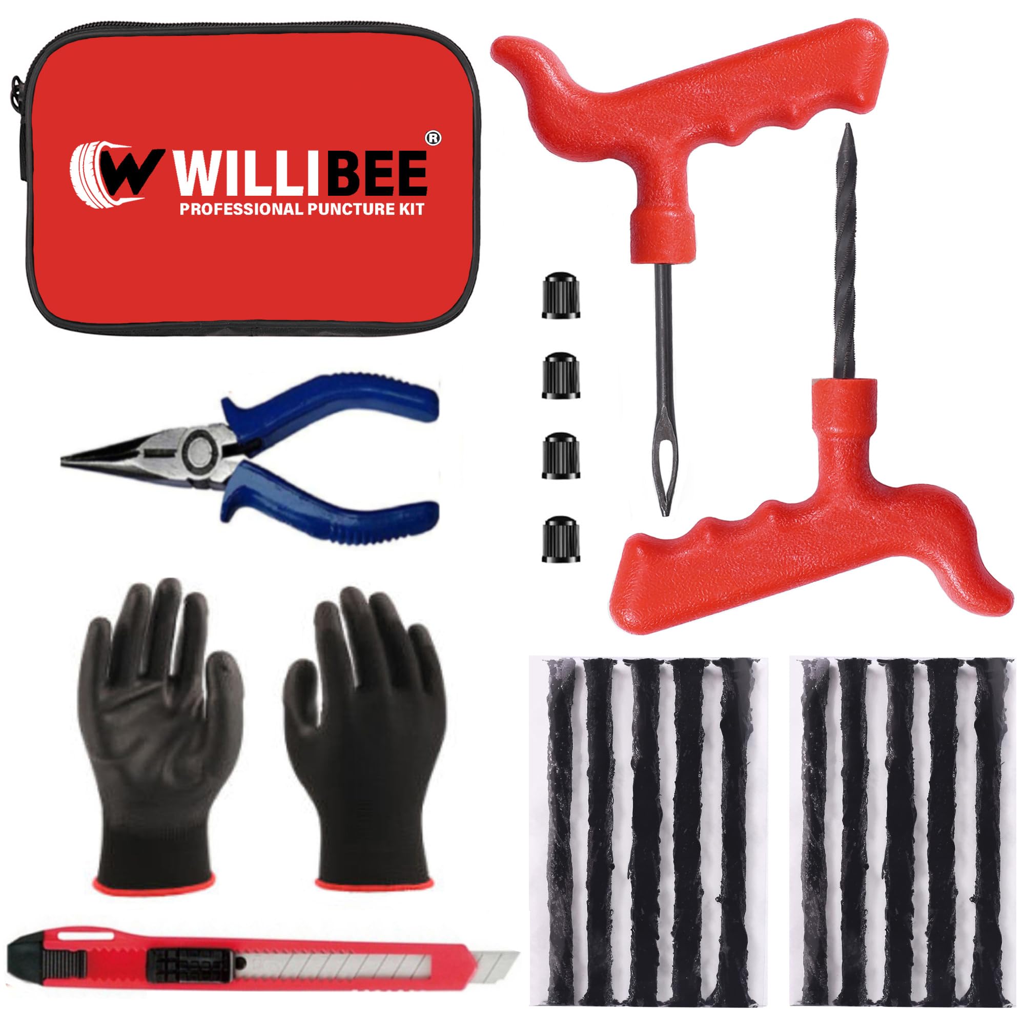 WILLIBEE 8-in-1 Tubeless Tyre Puncture Repair Kit for Car, Bike, Scooter & SUV (with Storage Bag) | Universal Emergency Tyre Fix Tool Set, Flat Tire Puncher Repair Kit