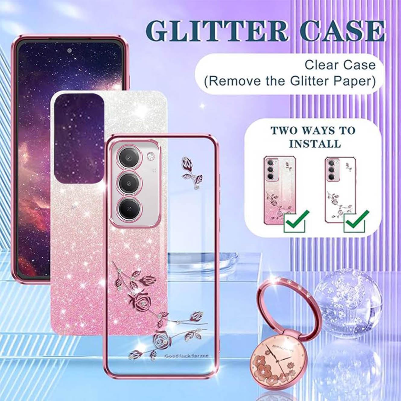 Hülle Für Xiaomi Redmi Note 14 Pro+ 5G – Mit Blumen-Ring-Ständer, Glitzernd, Stoßfest, Blau