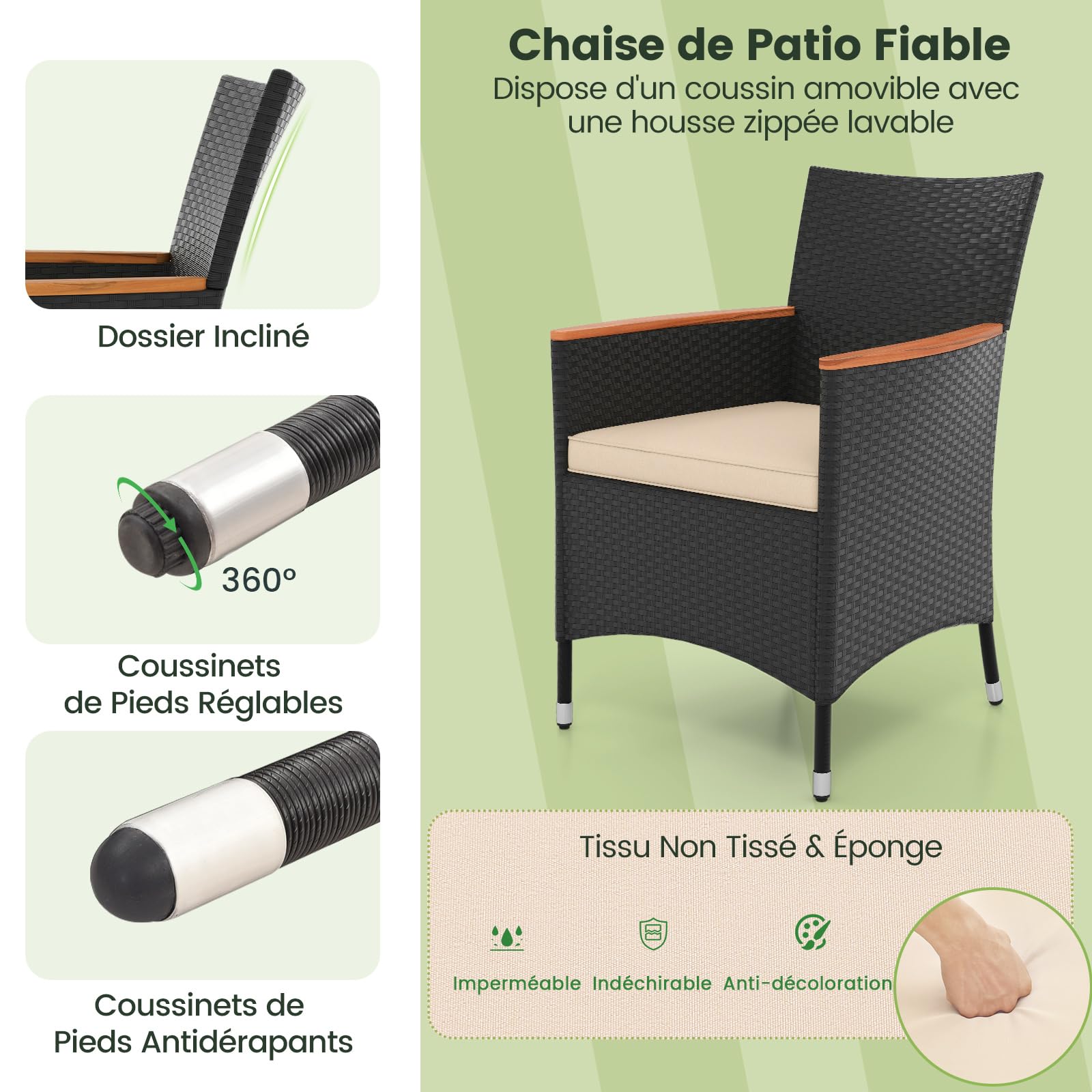 COSTWAY Salon de Jardin en Rotin 9 Pièces pour 8 Personnes Plateau de Table en Acacia, Ensemble de Salle à Manger de Patio avec Coussins Amovibles Trou pour Parasol, Chaise Charge 180KG, Noir+Beige