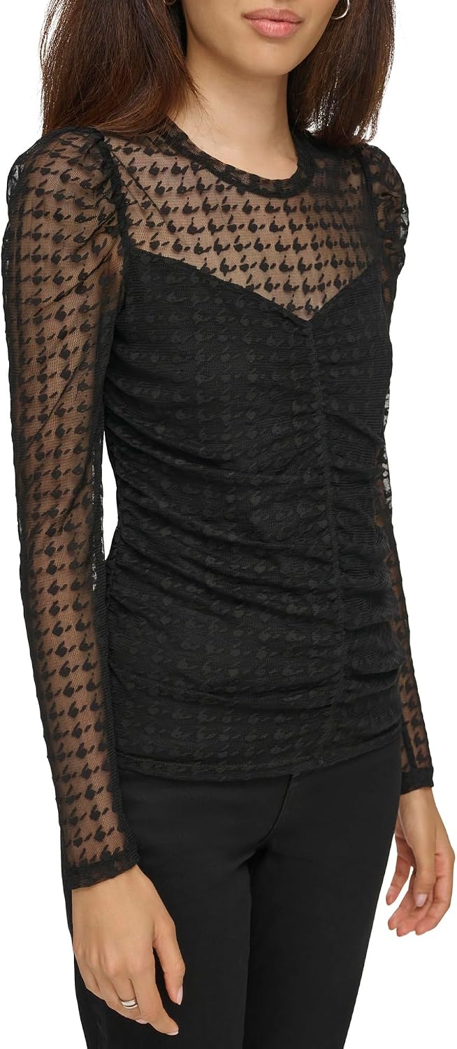 Karl Lagerfeld Womens Houndstooth Mesh Long Sleeve Blouse