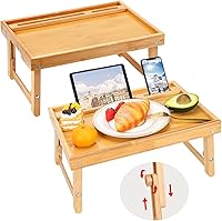 Vista 1 de Moretoes Bandeja de cama de 2 piezas para comer, bandeja de desayuno de bambú con patas plegables ajustables y soportes para teléfono para sofá