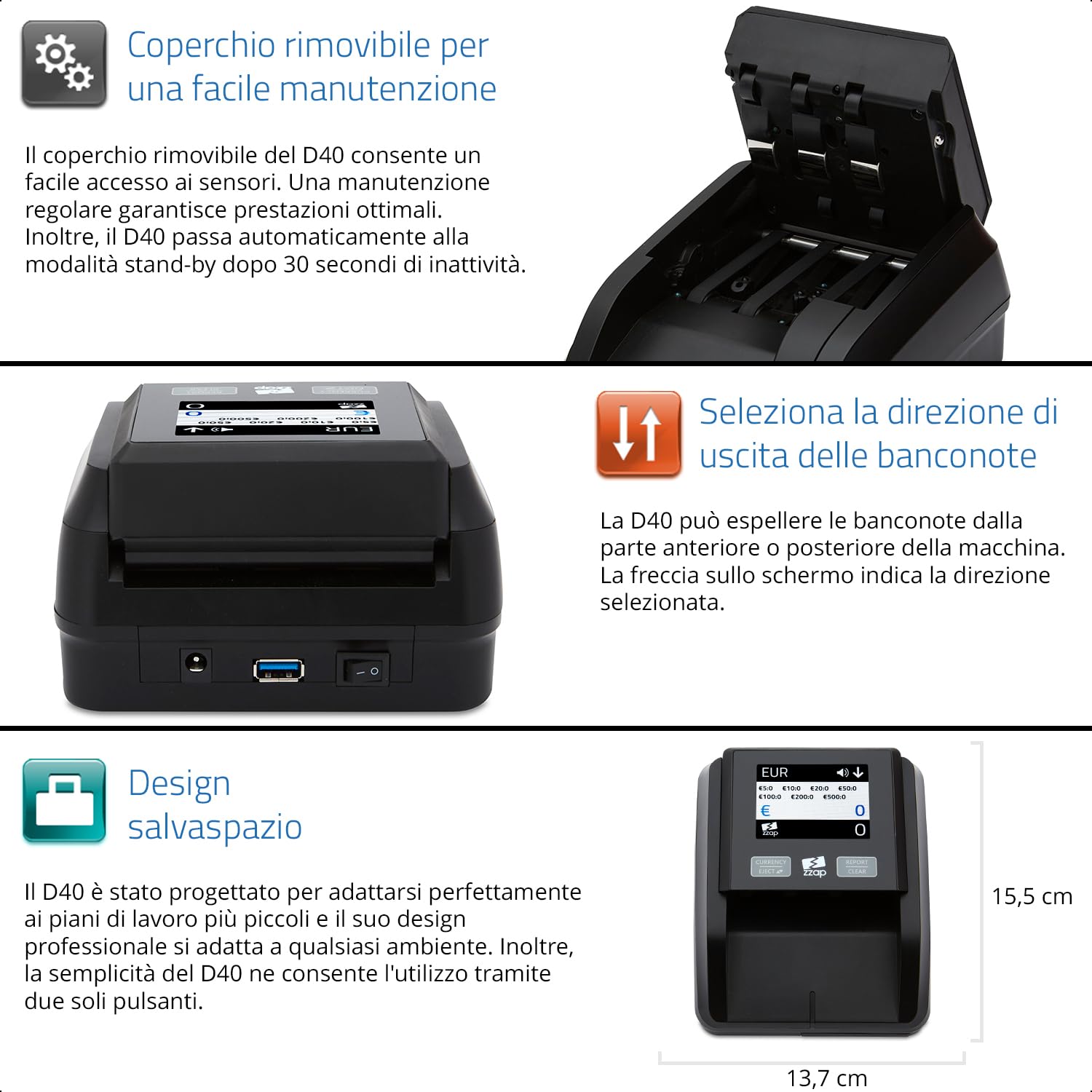 ZZap D40 Rilevatore di banconote false – preciso al 100%, Schermo a colori, 5 valute - Macchina per il controllo del denaro