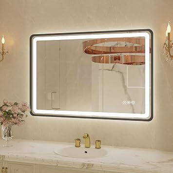 24x36 Inch Black Frame LED Bathroom Mirror with Lights, Dimmable Smart Lighted Bathroom Mirror, Anti-Fog, 3 Colors, Frontlit and Backlit, Waterproof, Memory Function Wall Mirror for Bathroom