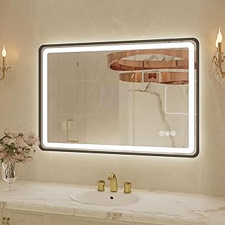 24x36 Inch Black Frame LED Bathroom Mirror with Lights, Dimmable Smart L...