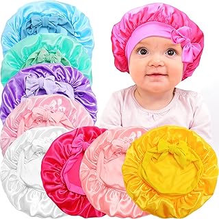 8 Pcs Baby Bonnet Kids Bonnets for Girls Silk Bonnet Toddler Bonnet with Tie Band Adjustable Baby Silk Bonnets for Sleeping Hair Bonnet Silk Sleeping Cap Bonnet Hat for Infant, 8 Solid Colors
