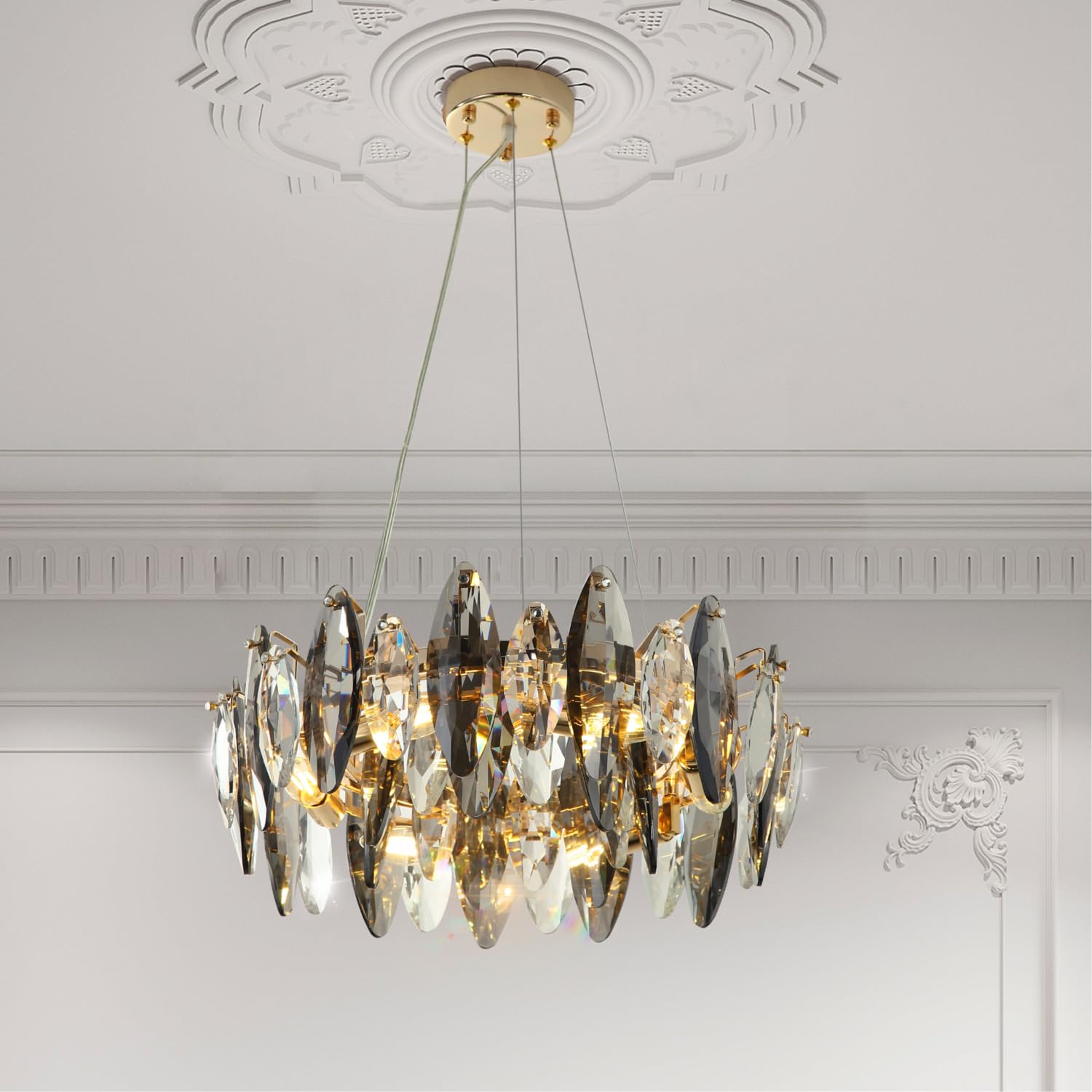 6 Kopf E14 LED Glühbirne Abnehmbare Wohnzimmer Luxus Kristall Hänge Lampe | Freie Höheneinstellung K9 Mehrseitige Kristalle Lichtbrechungsatmosphäre High-End-Luxus Einfacher Wechsel der Glühbirne
