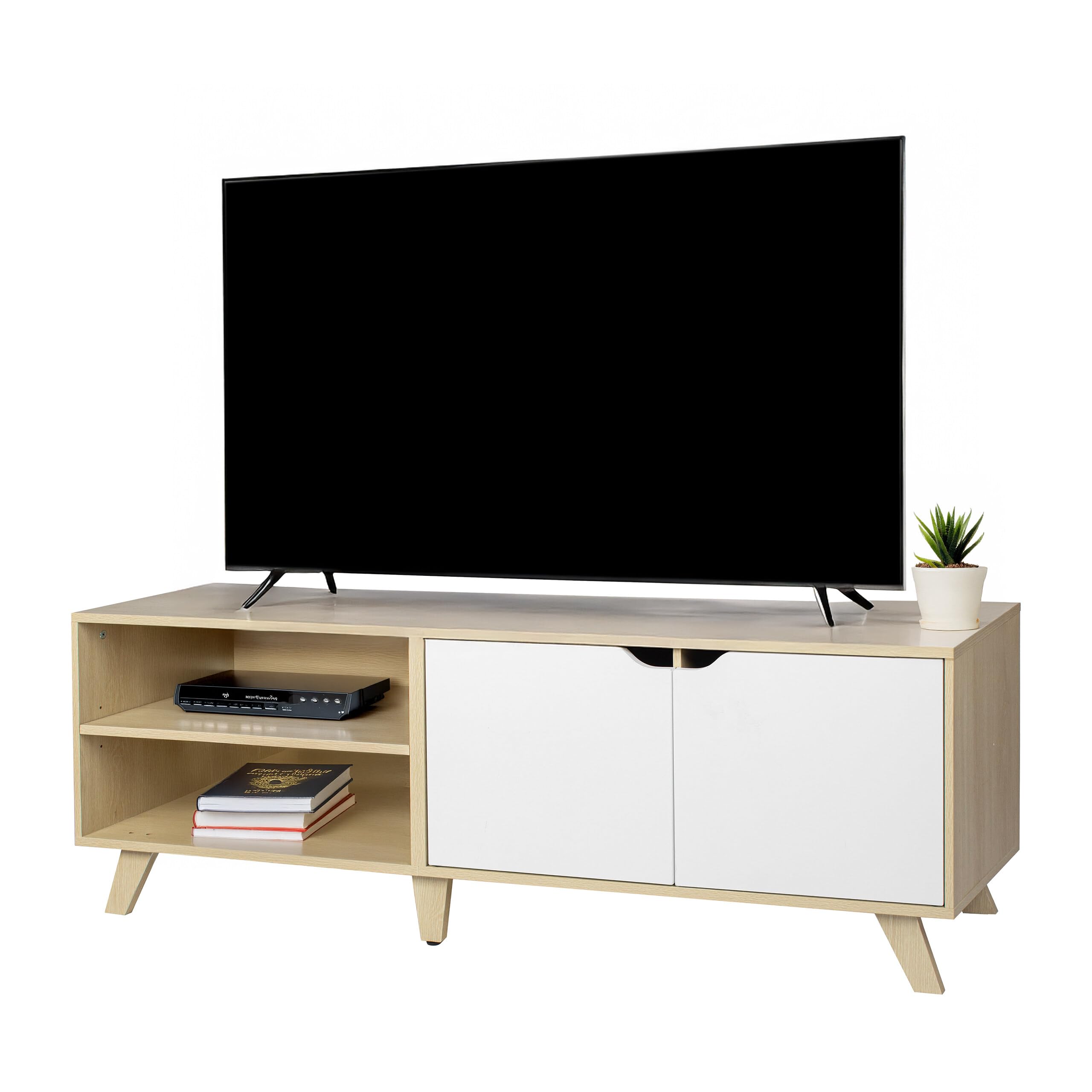 Relaxdays Meuble TV, 6 Compartiments, pour TV jusqu'à 60", HxLxP 50x140x40 cm, Passe-câbles, Nature/Blanc