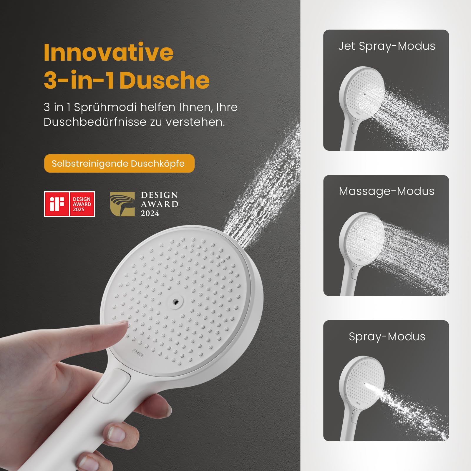 EMKE Duschsystem mit Thermostat – 36 x 24 cm Regendusche mit Armatur, Duschset mit 40 cm Glasablage & Handbrause (4 Strahlarten), höhenverstellbar Komplettset mit Regendusche, Weiß Matt