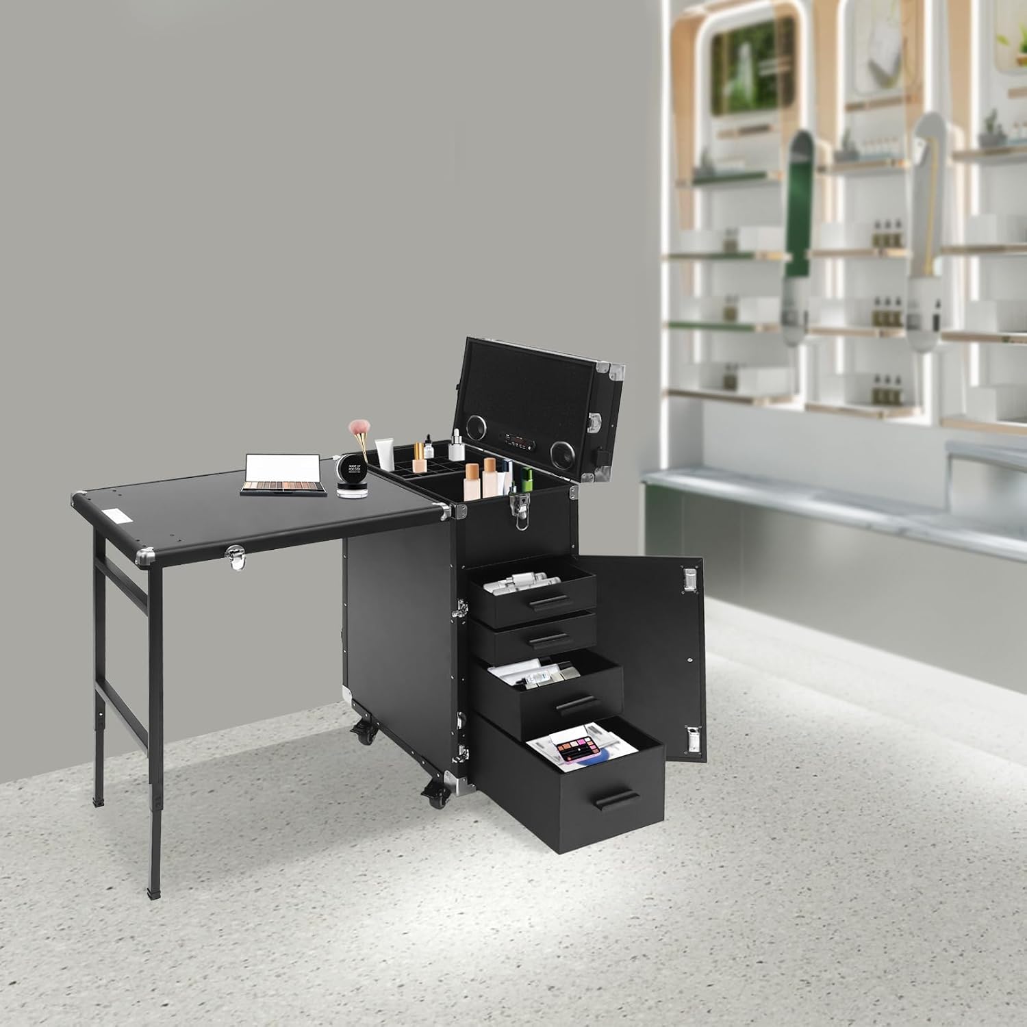 Makeup Case, Rolling Manicure Table Foldable Nail Desk Travel Cosmetic Trolley Multifunctional Cosmetic Tool Box Rolling Makeup Cases w/4 Removable Drawers for Hair Pet Groomer Stylist