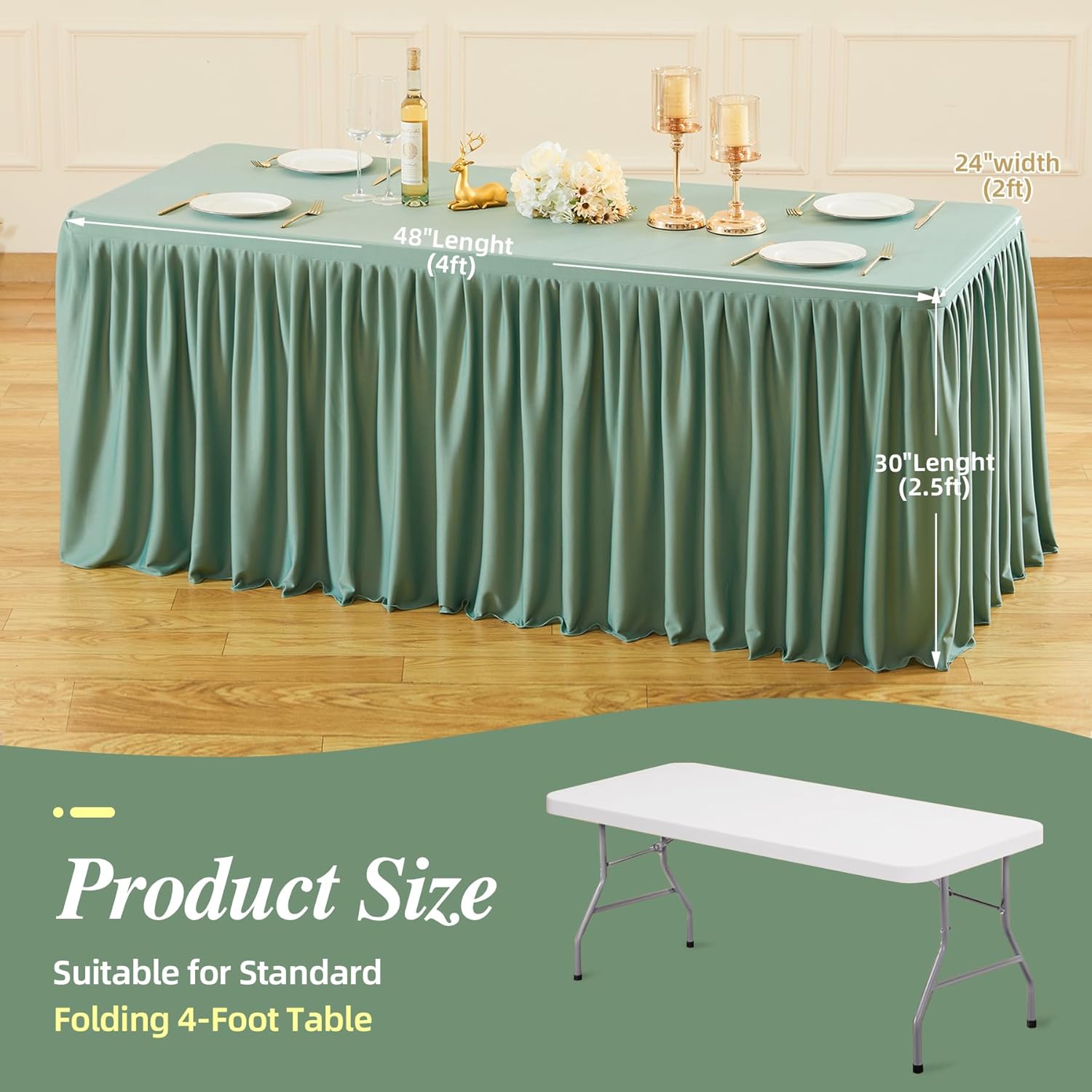 PARTISKY 1 Pack Sage Green Tablecloths for Rectangle Tables 4ft, Wrinkle Resistant Spandex Table Cover Fitted Stretch Table Cloth with Pleated Ruffle Skirts for Party Banquet Dining Birthday Wedding