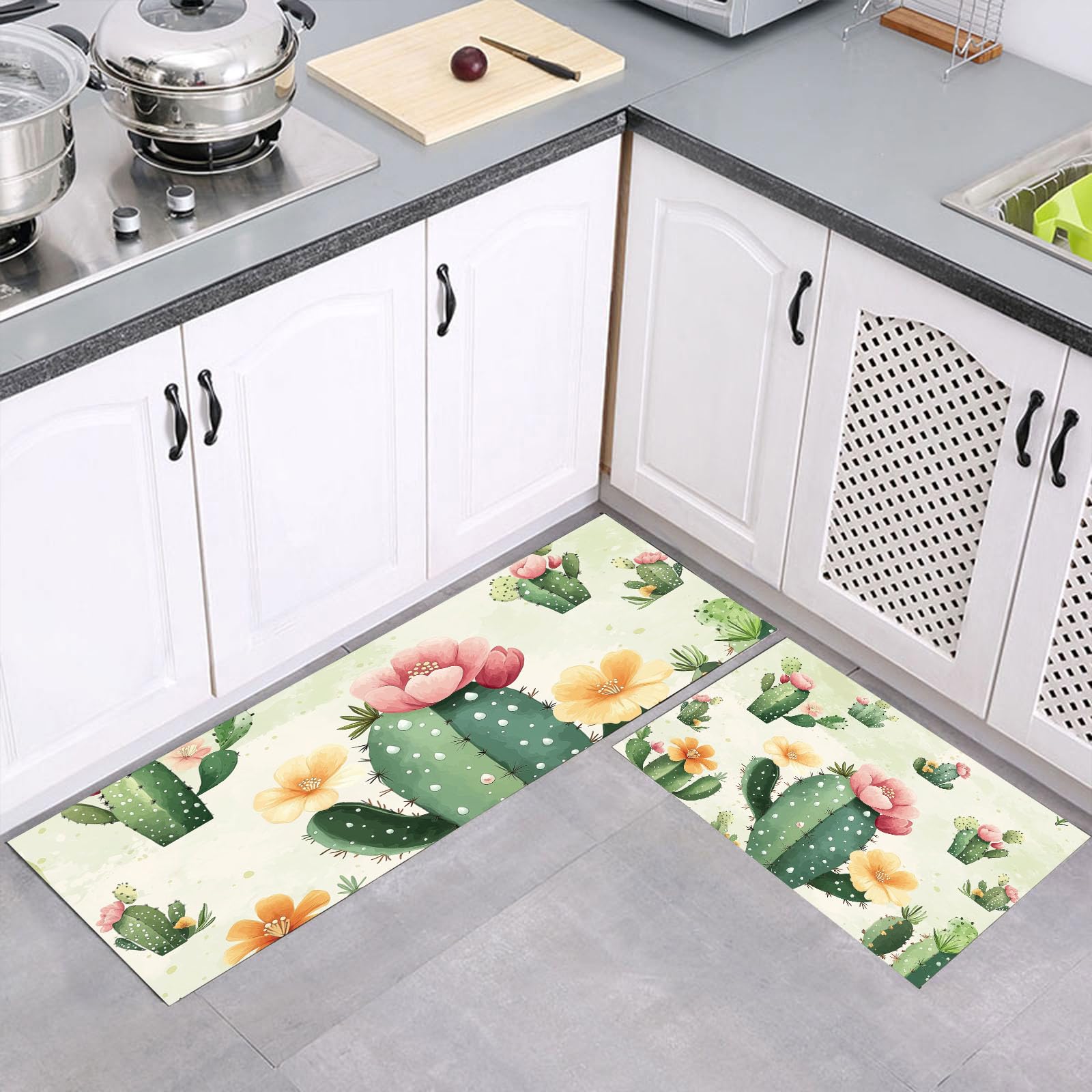 Alfombra de cocina antideslizante con diseño de cactus, tapete lavable de dos piezas