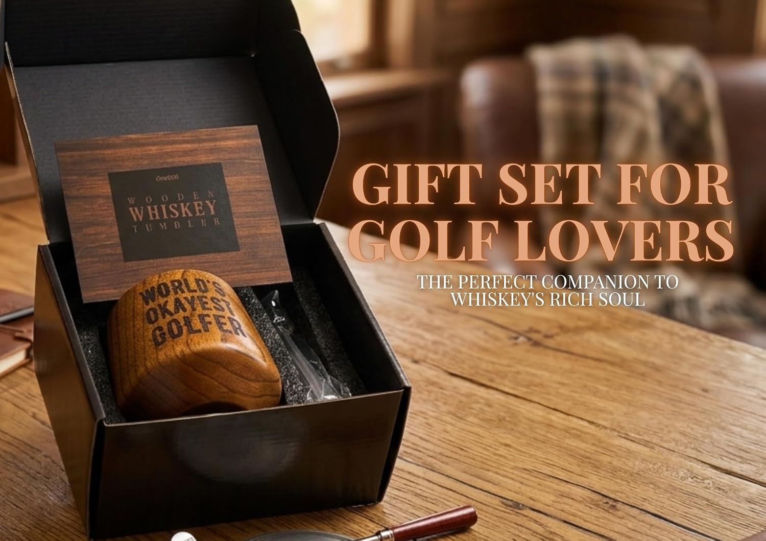 Onebttl Golf Gifts for Men, Charred Wooden Bourbon Drinking Glass for Golf Lovers, Handcrafted Whiskey Gift Tumbler for Birthday, Father's Day, Christmas - Okayest