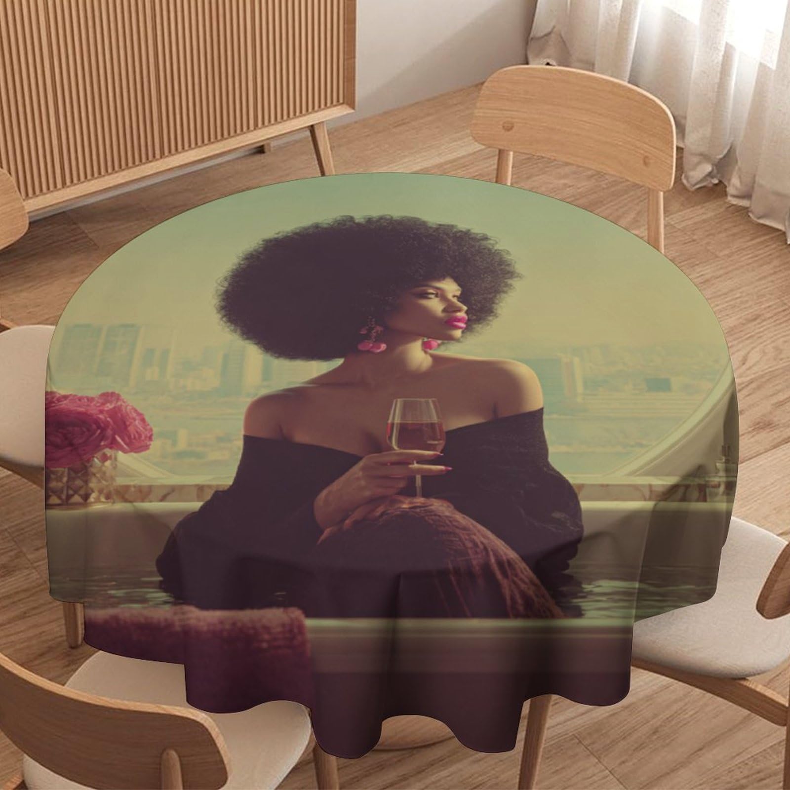 LUYYSKY Classic Realistic Black Women Round Tablecloth Retro Watercolor Bathroom Art American African Women Washable Decor for Table Cover for Kitchen-127 Wx127 L cm