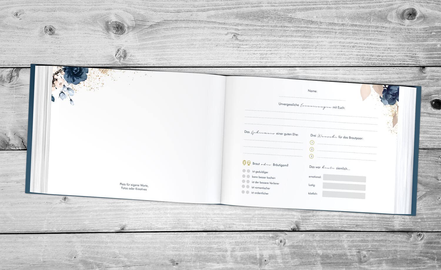 Gästebuch zur Hochzeits - PERSONALISIERT mit Namen & Datum - Hardcover Buch, 104 Seiten, DIN A4 quer | Hochzeitsgästebuch (Inhalt mit Fragen, Watercolor Breeze Blau)