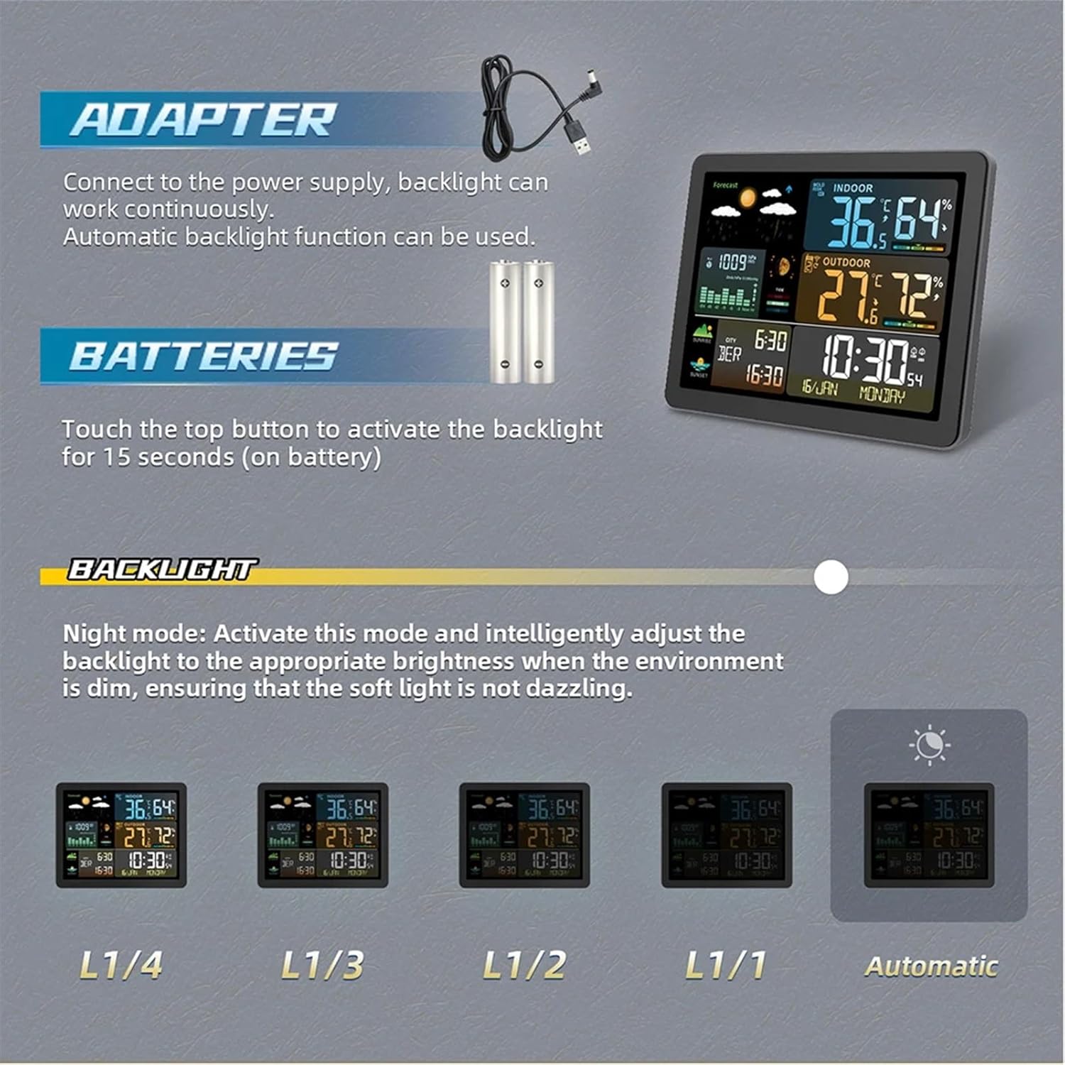 EliteBloom FJ3566M Weather Station power options and backlight settings