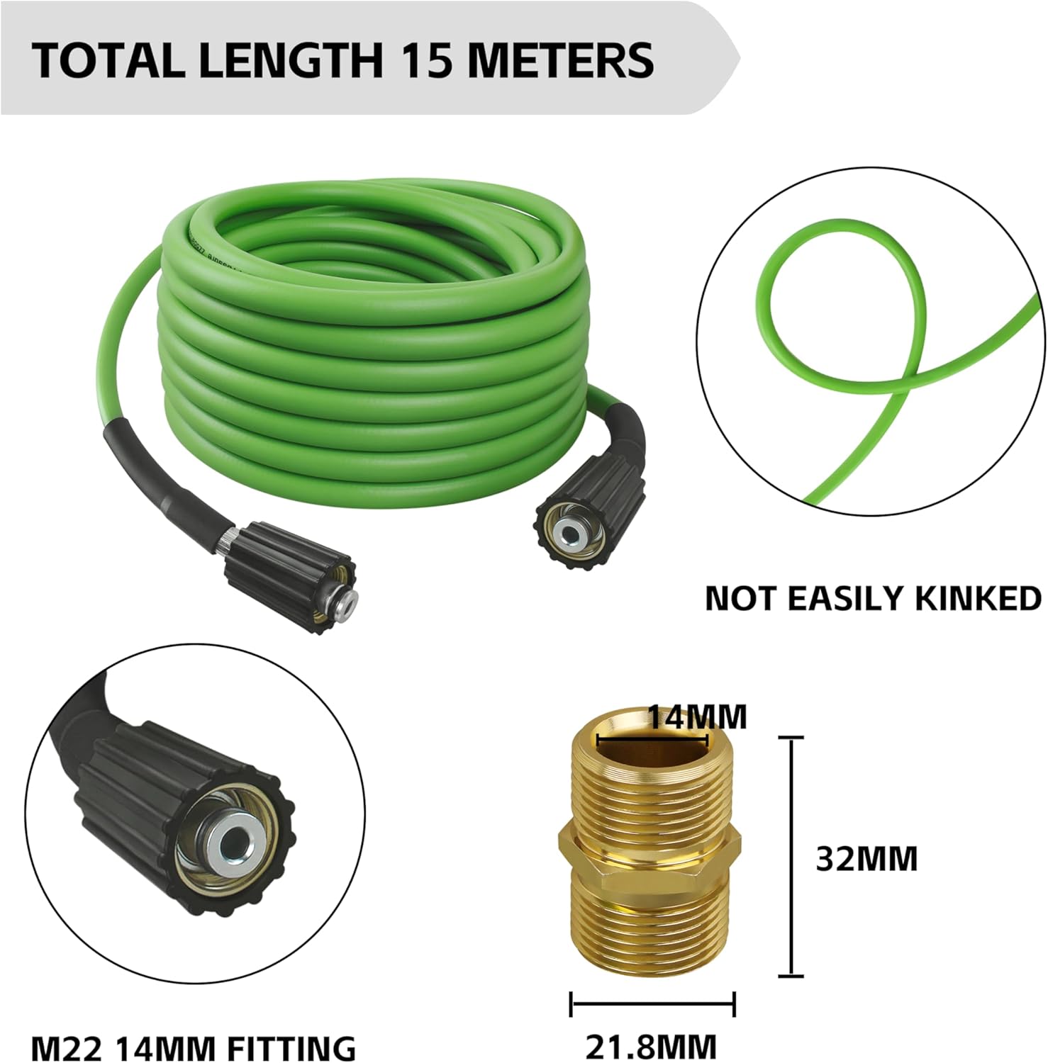 Pressure Washer Hose for Power Washer, Replacement Ryobi Power Wash Hose and Greenworks 5200402 Power Wash Hose，M22 Female & 3/8" Quick Connect Adapters (Pressure Washer Hose 50FT)