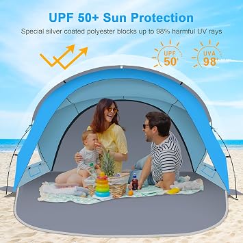 Gorich Beach Tent Sun Shelter with 2 Doors for 4 People & A Set of Extra Beach Tent Poles for Replacement (4 People, SkyBlue)