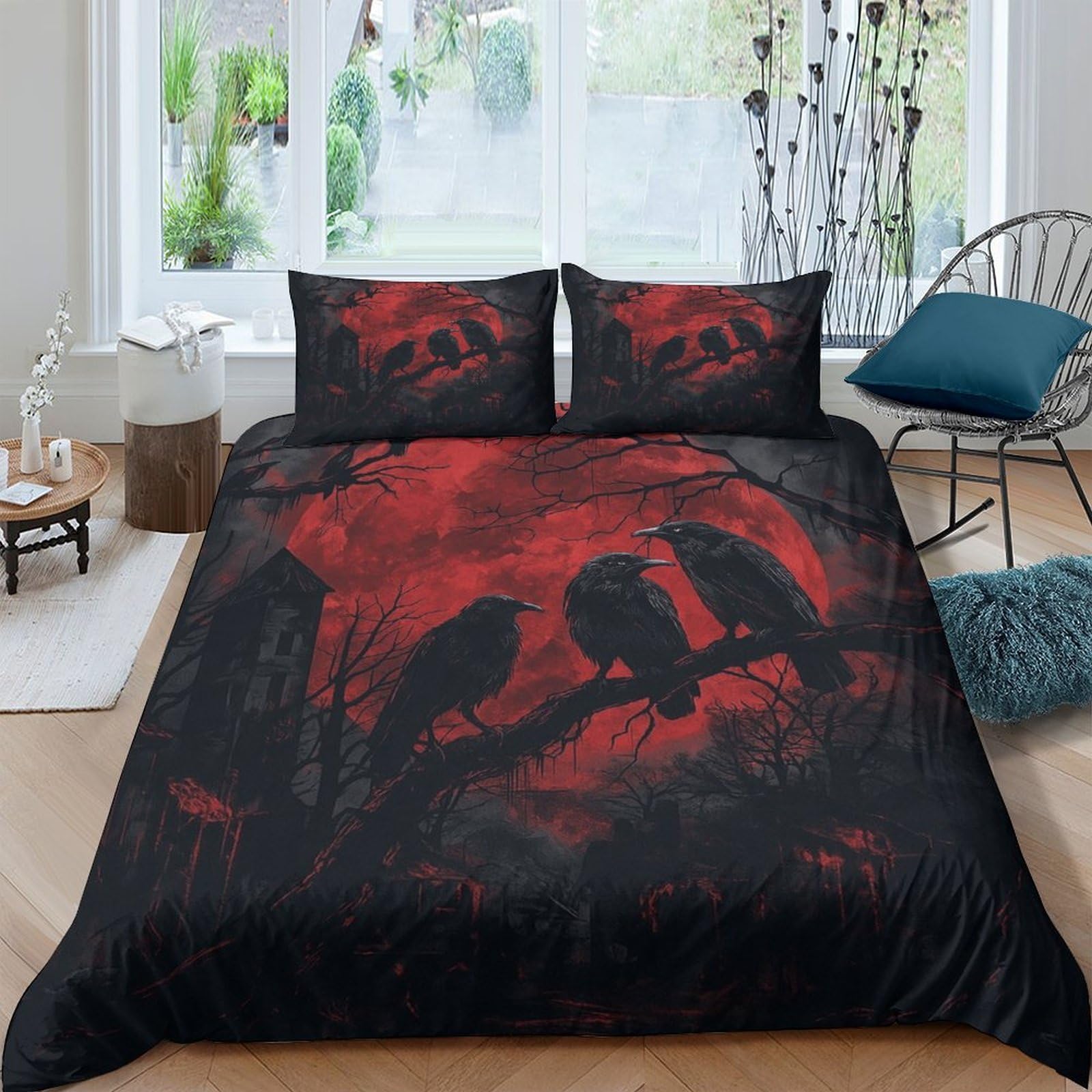 Ctjqhvkz Style-3 3D Printed Gothic Raven Fitted Sheet Microfiber Soft Red Black Cemetery Mattress Cover For Bedroom Dorm Decor Single（135X200cm）
