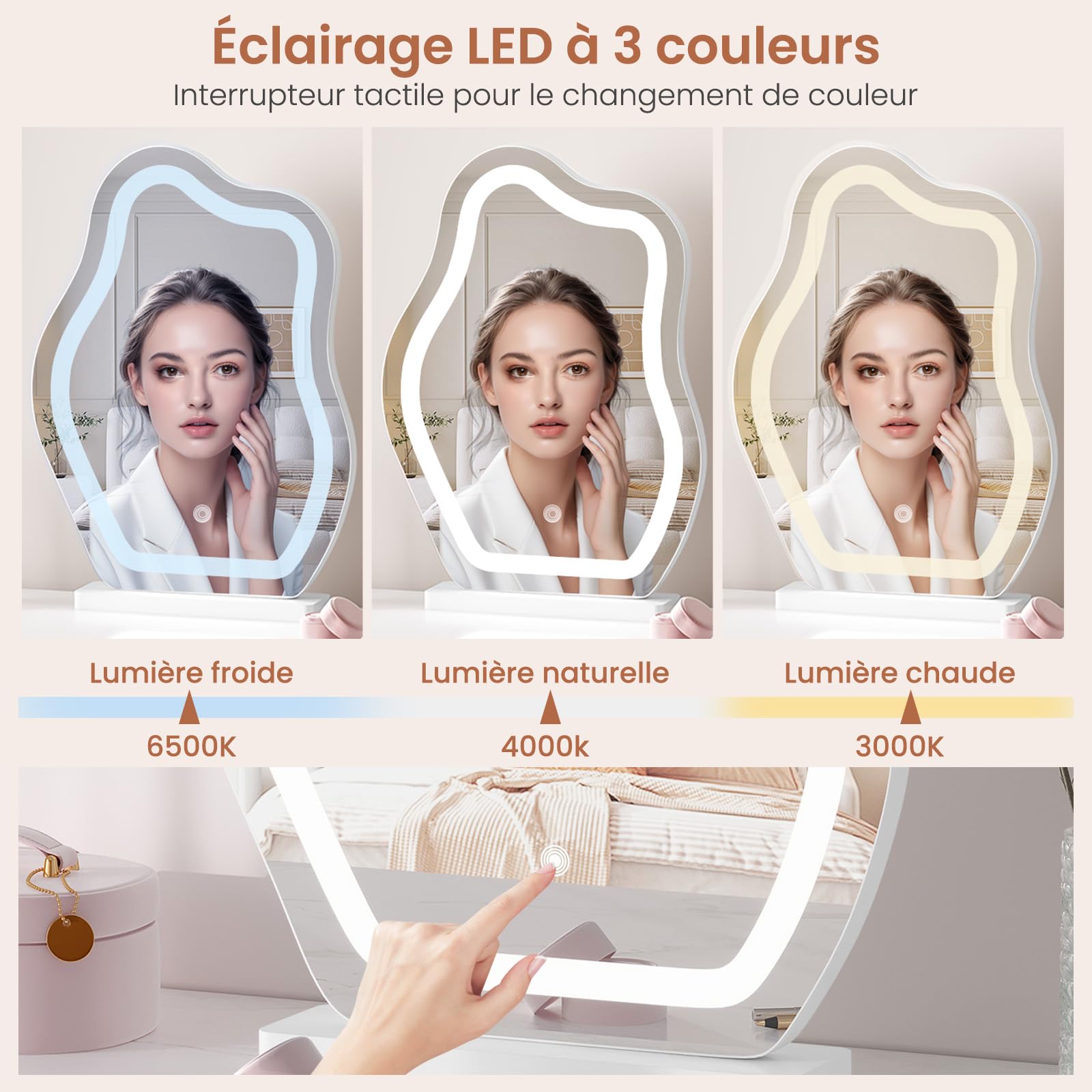 WOLTU Miroir Coiffeuse LED, 3 Niveaux d'Éclairage + Luminosité Réglable, Miroir Irrégulier en Forme de Nuage, 40x54 cm, MB6121ws