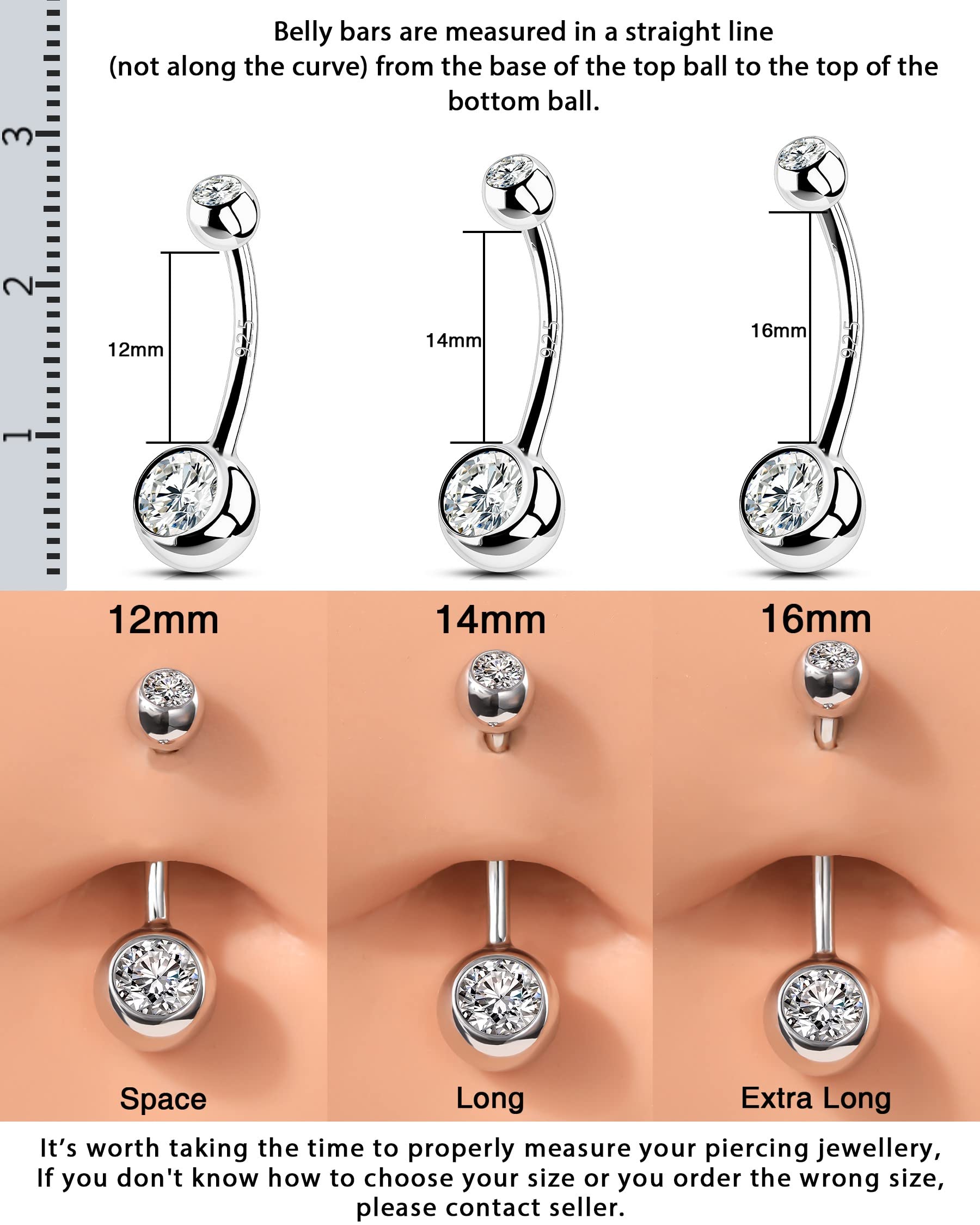 OUFER 14G Bauchnabelpiercing Lang Echt Silber 925 10/12/14/16 mm Stablänge Piercing Bauchnabel CZ Kugeln Belly Button Piercing Navel Bars Nabelring Frau Mann Schmuck