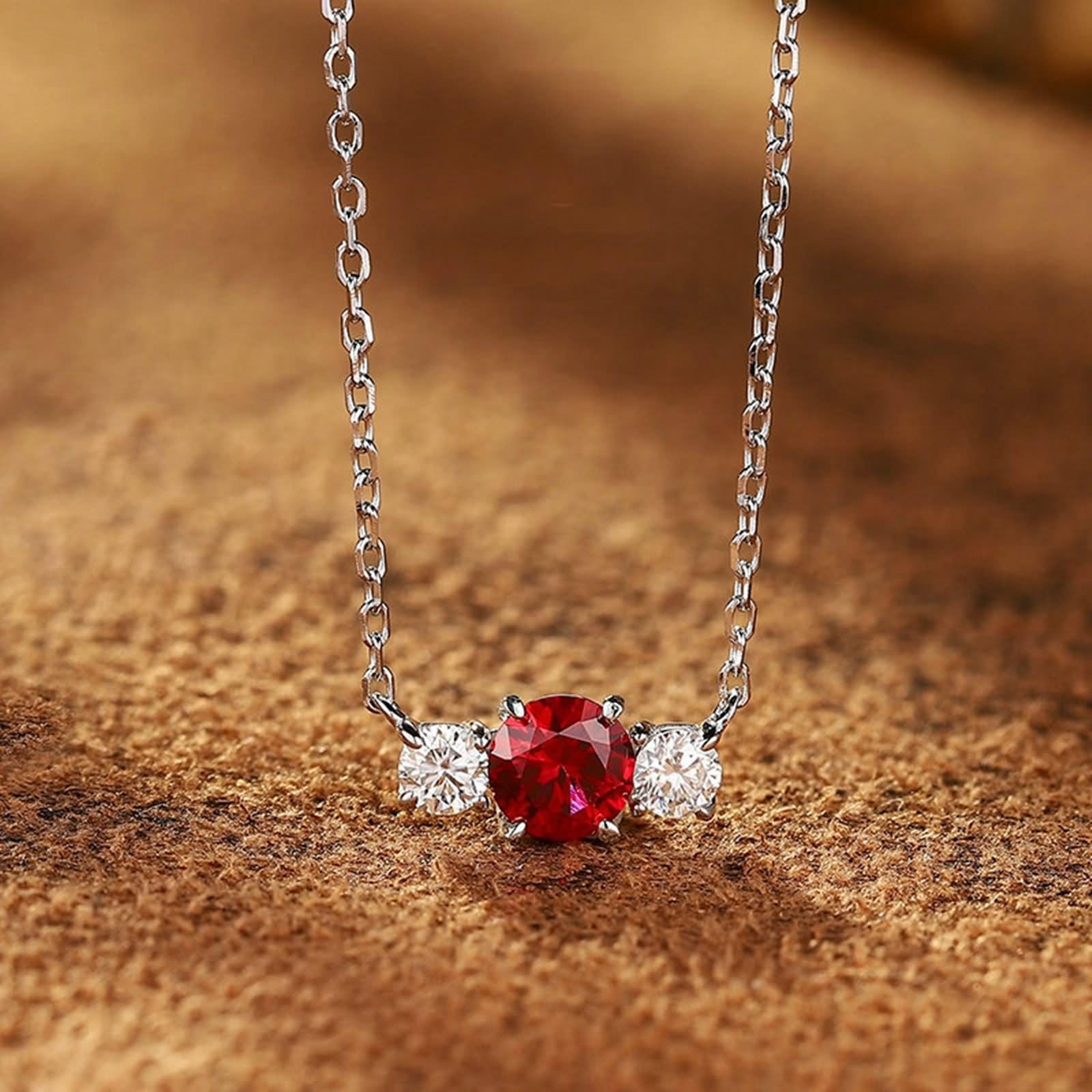 Naszyjnik damski, minimalistyczny, białe złoto, łańcuszek damski, 14 K, 3 kamienie, 0,7 ct, wykonany w laboratorium, rubin i moissanit 45 cm