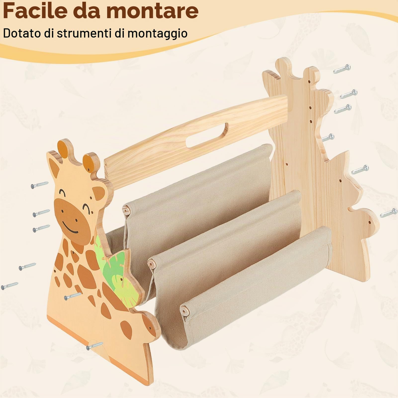 MHJY Libreria per Bambini in Legno - Scaffale Porta Libri Doppia Faccia con Tasche in Tela, Stile Montessori Portatile con Maniglia, Organizer Giochi per Cameretta, Asilo e Scuola Materna
