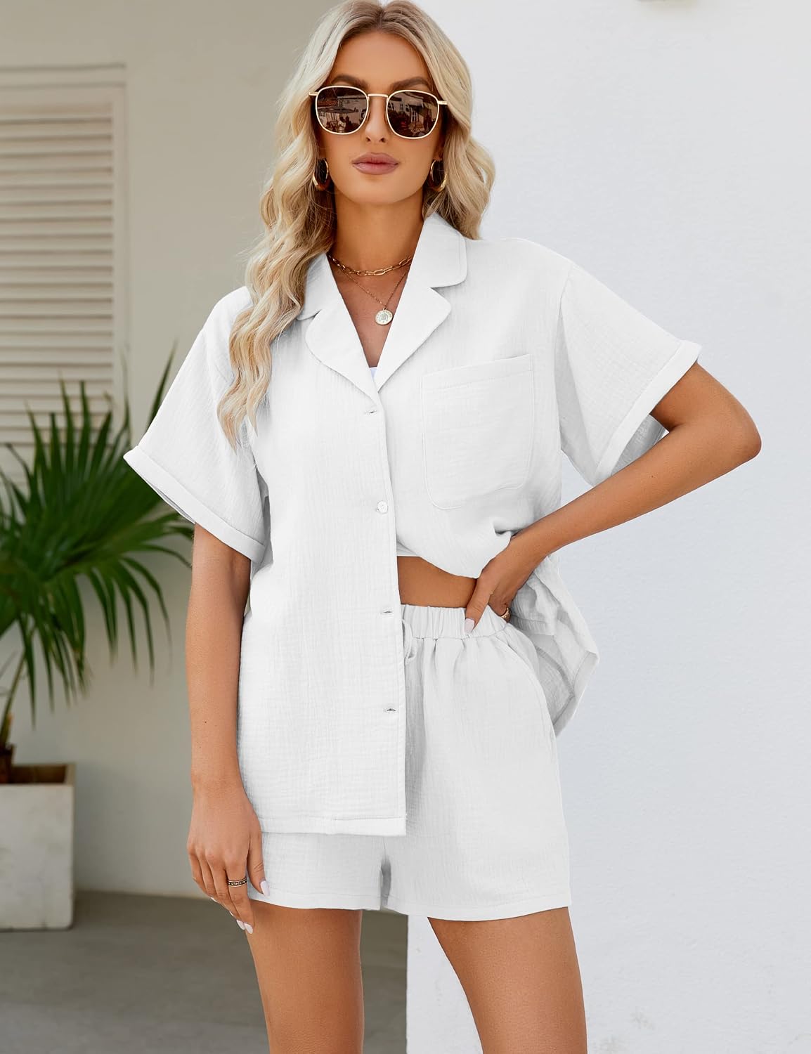 Flygo Two Piece Casual Outfits Short Sleeves Button Down Oversized Shirt and Shorts Sweatsuit Sets(White-XL)
