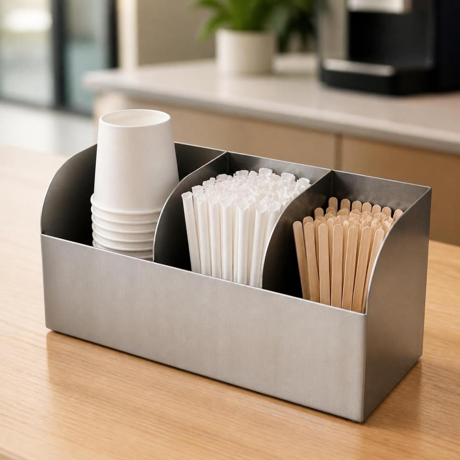 Estante Almacenamiento para Cafetería | Multicompartimento, Organizador Acero Inoxidable con Compartimentos, Ahorra Espacio, para Mostrador, 3 Cuadrículas