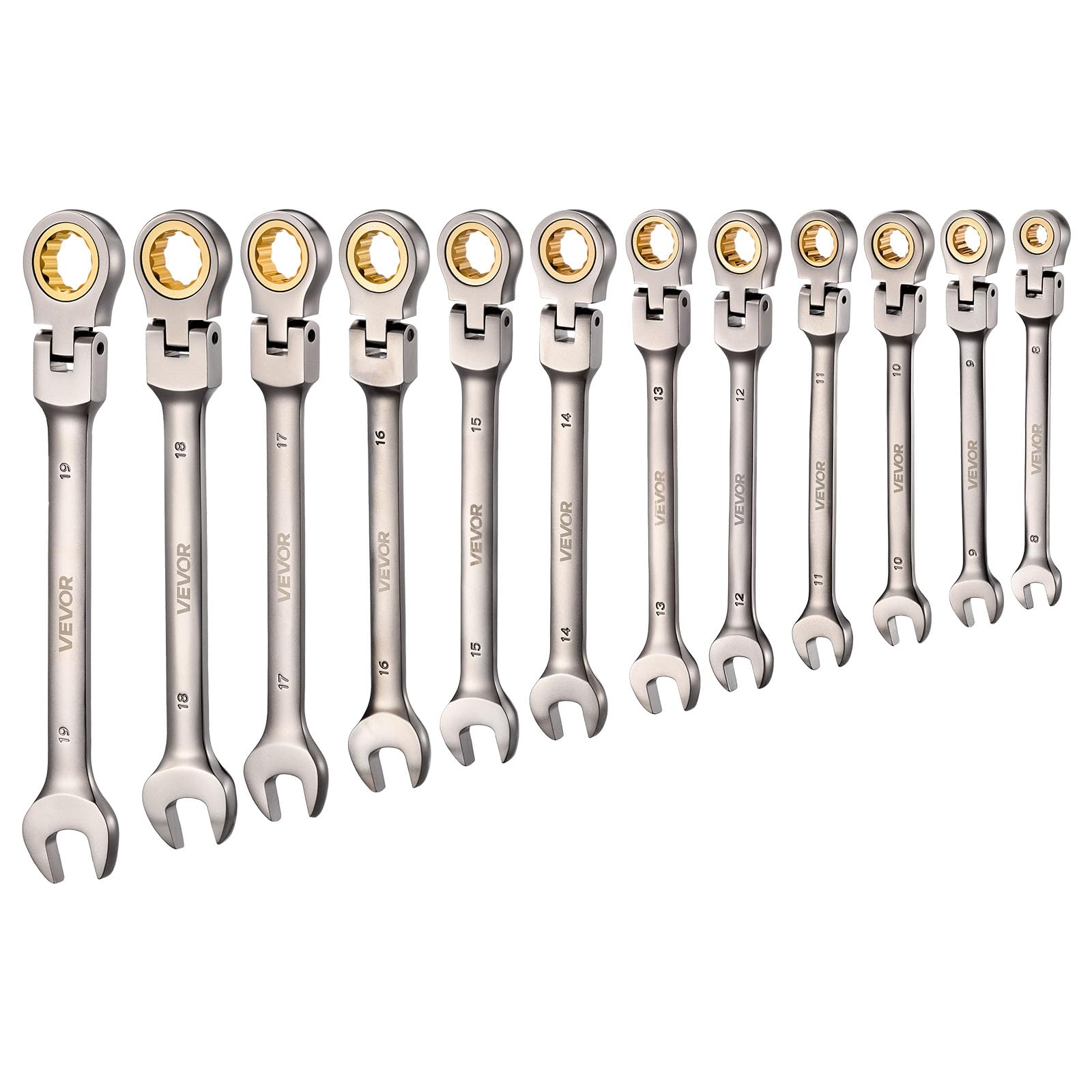 VEVOR Jeu de Clés Mixtes 12PCs, Clé Plate à Cliquet Flexible Métrique de 8 à 19 mm, pour Réparation Domestique et Automobile, Extrémité Fourche, 72 Dents, en Acier Cr-V, avec Trousse Enroulable