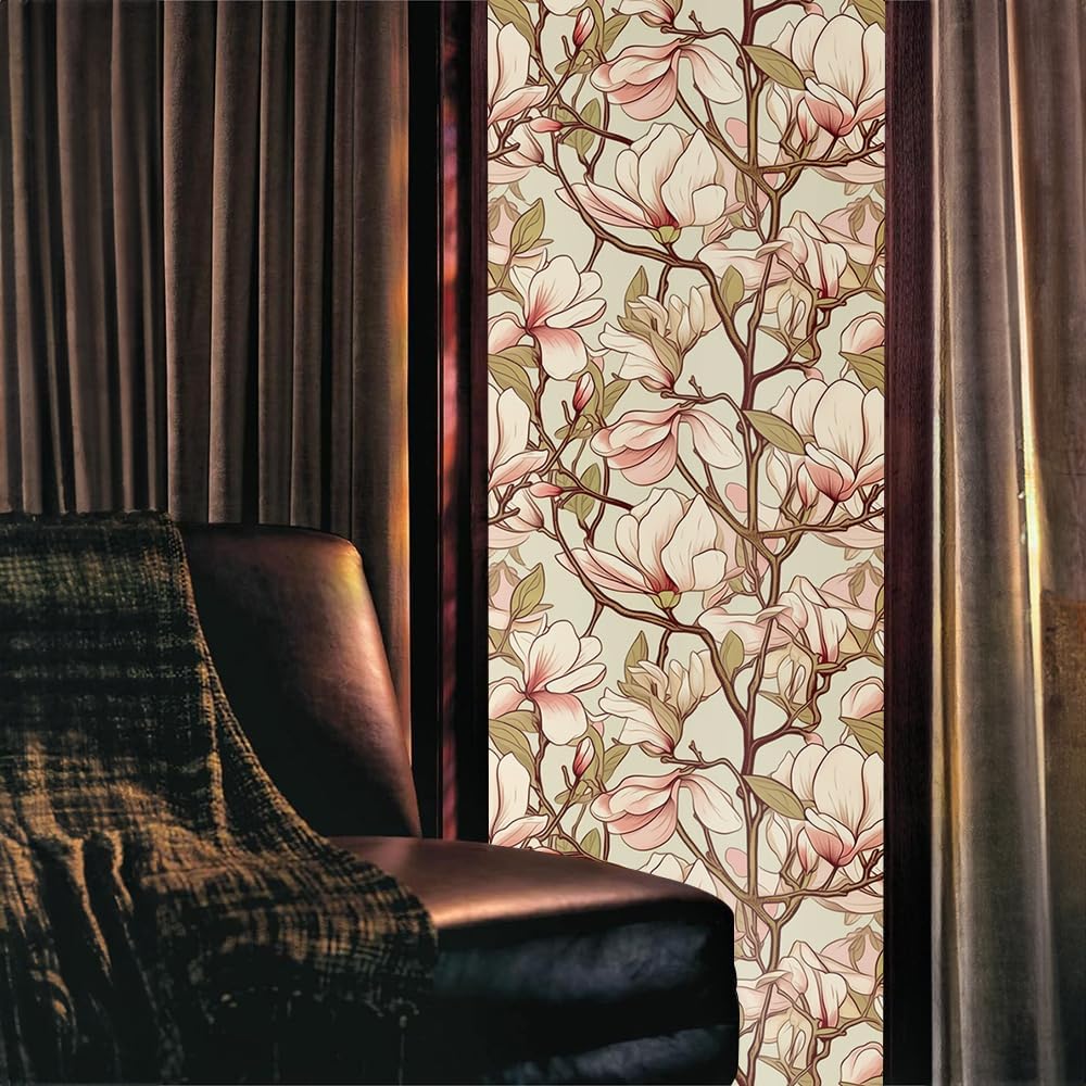 Boho Beige Magnolia Flower 16“x118 Window Films Decorative Window Privacy Film Self-Adhesive Static Glass Window Clings Stickers for Living Room Bathroom Glass Windows Decor