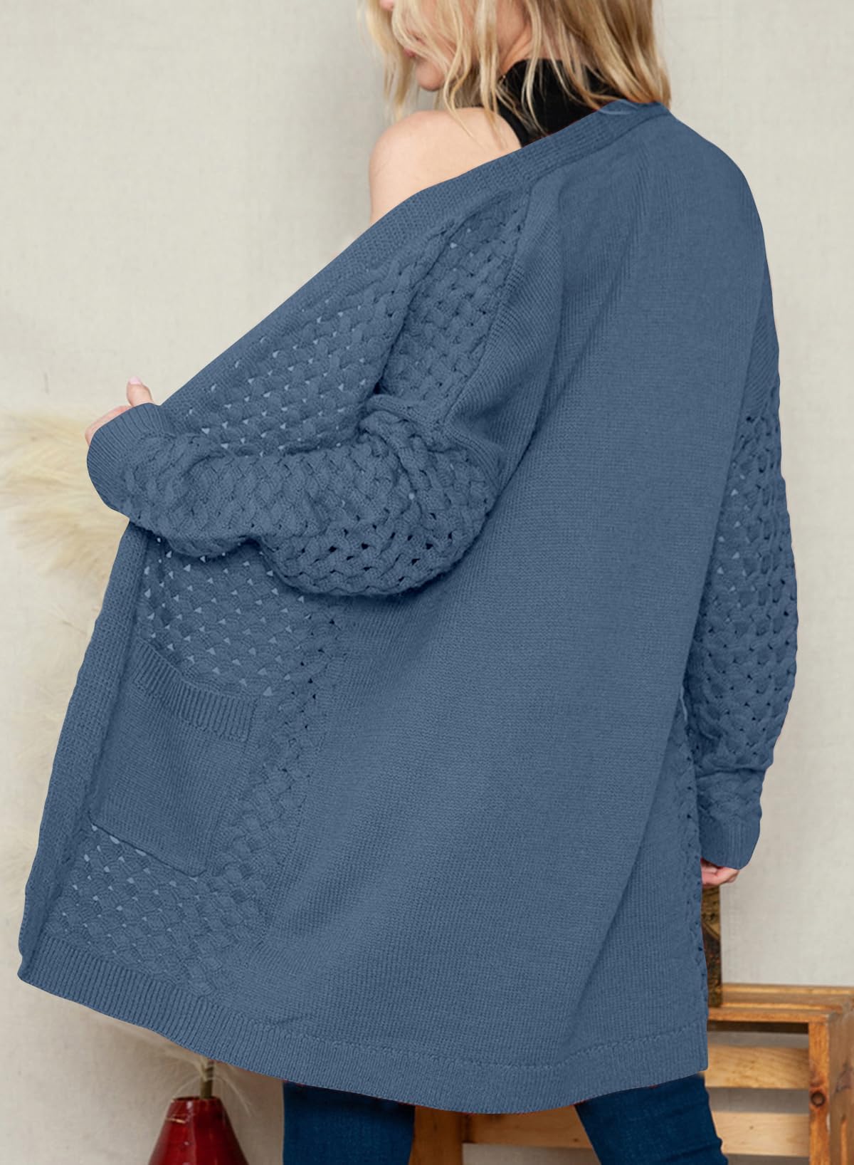 Chaqueta larga de punto para mujer, chaqueta de punto frontal abierta, abrigo con bolsillos, ropa exterior holgada informal para uso diario, Real Teal, XXL
