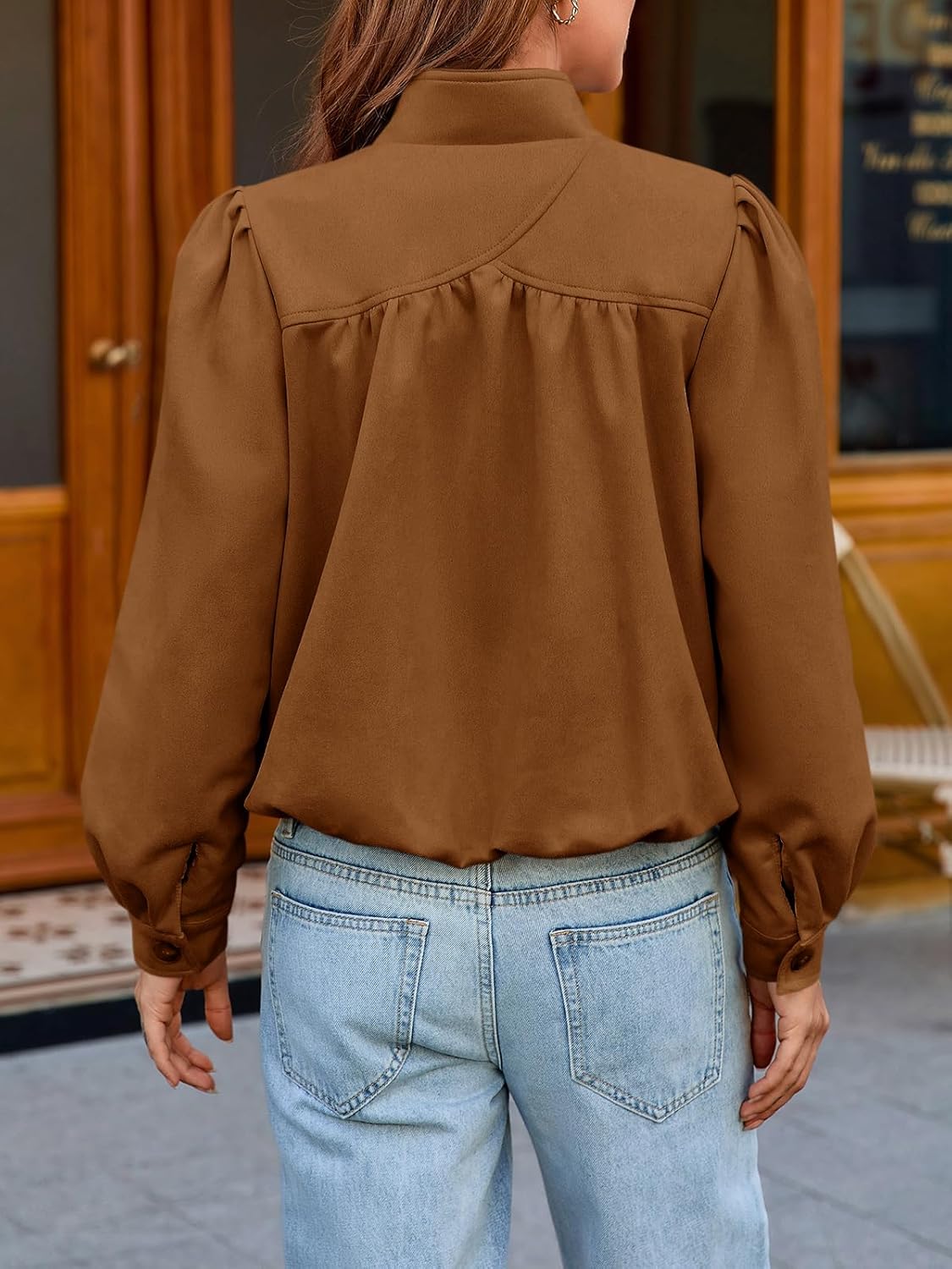 Tankaneo Womens Faux Suede Bomber Jackets Casual Cropped Stand Collar Coats Vintage Button Down Shackets - Image 5