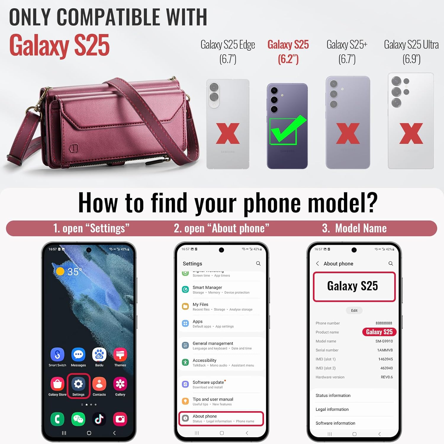 Strapurs Wallet Case Compatible with Samsung Galaxy S25 5G RFID Blocking Card Holder Soft PU Leather Magnetic Snap Shoulder Strap Zipper Pocket Phone Case Fit for Galaxy S25 - Wine Red