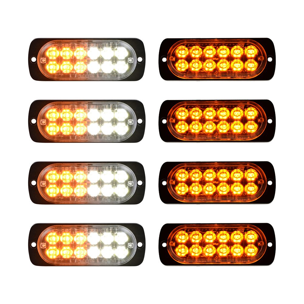(4x White/Amber + 4x Amber) Ultra Slim 12-LED Car SUV Pickup Truck Waterproof Emergency Beacon Flash Caution Strobe Lights