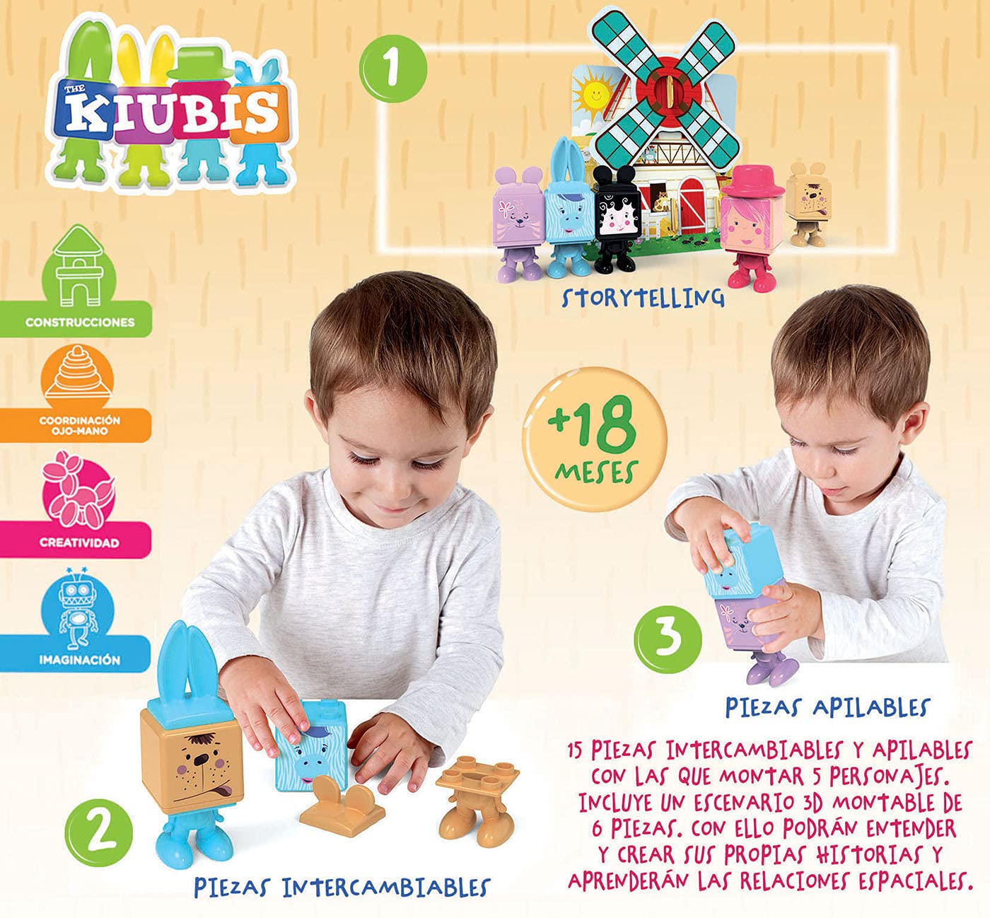 Educa - The Kiubis. Ensemble de Jeu Le Moulin de la Ferme | Jouet Empilable pour Bébé. Construire et Empiler pour Améliorer la Fonction Motrice et l'apprentissage de Votre Bébé | +18 Mois (19223)