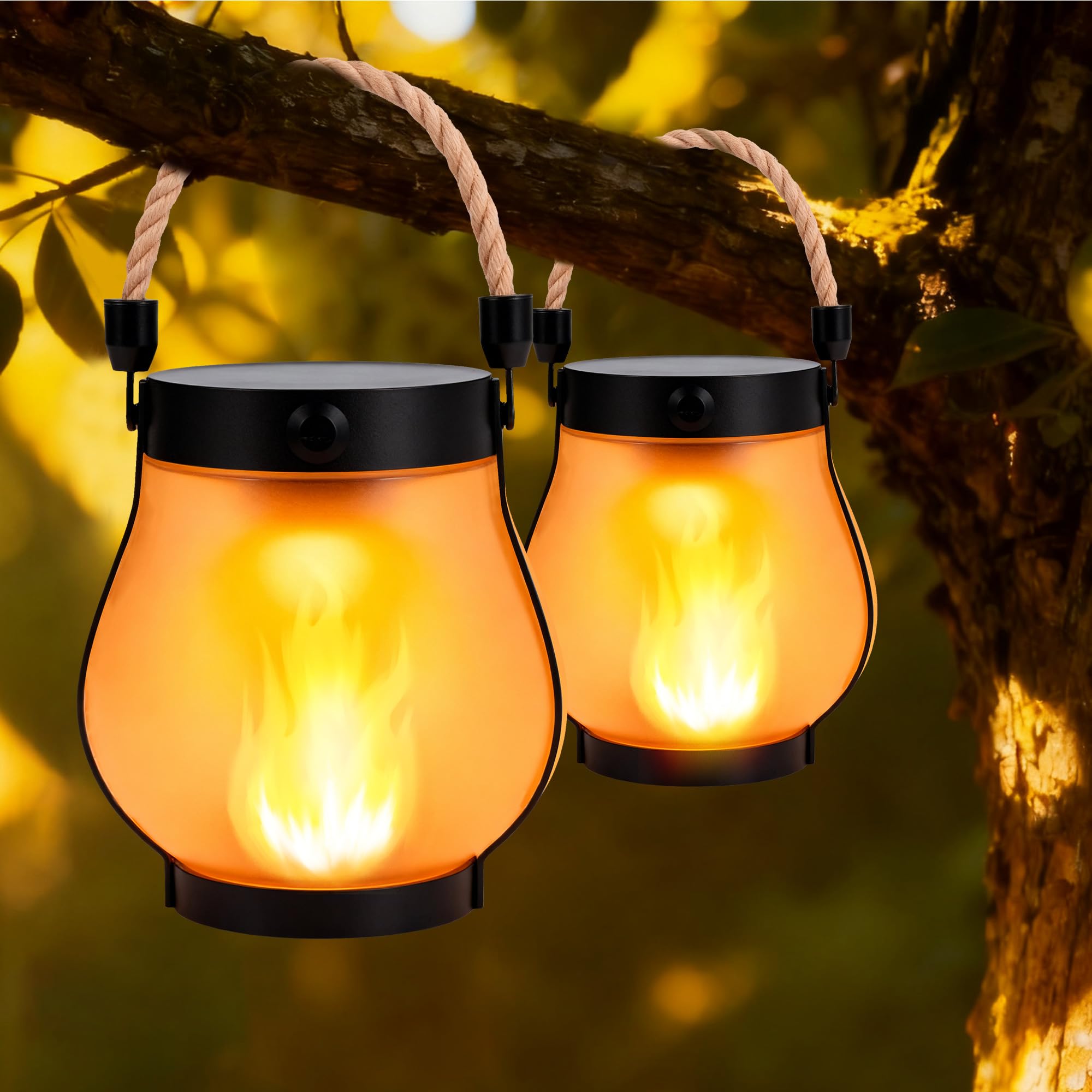 MEKOTRIN Solar Lights Outdoor Garden, 2 Pack Hanging Solar Lanterns for Outside with Flickering Flame & Hemp Rope Handle, Waterproof Rechargeable Garden Lights for Yard Patio Fence Tree Camping