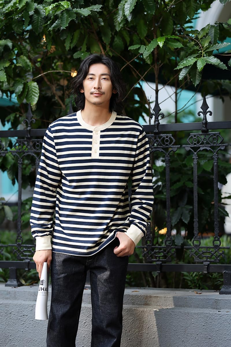 [Caividom] 厚手ロンT メンズ ストライプ 長袖Tシャツ ヘンリーネック コットン ソフト 通気構造 ロング丈 オフィス