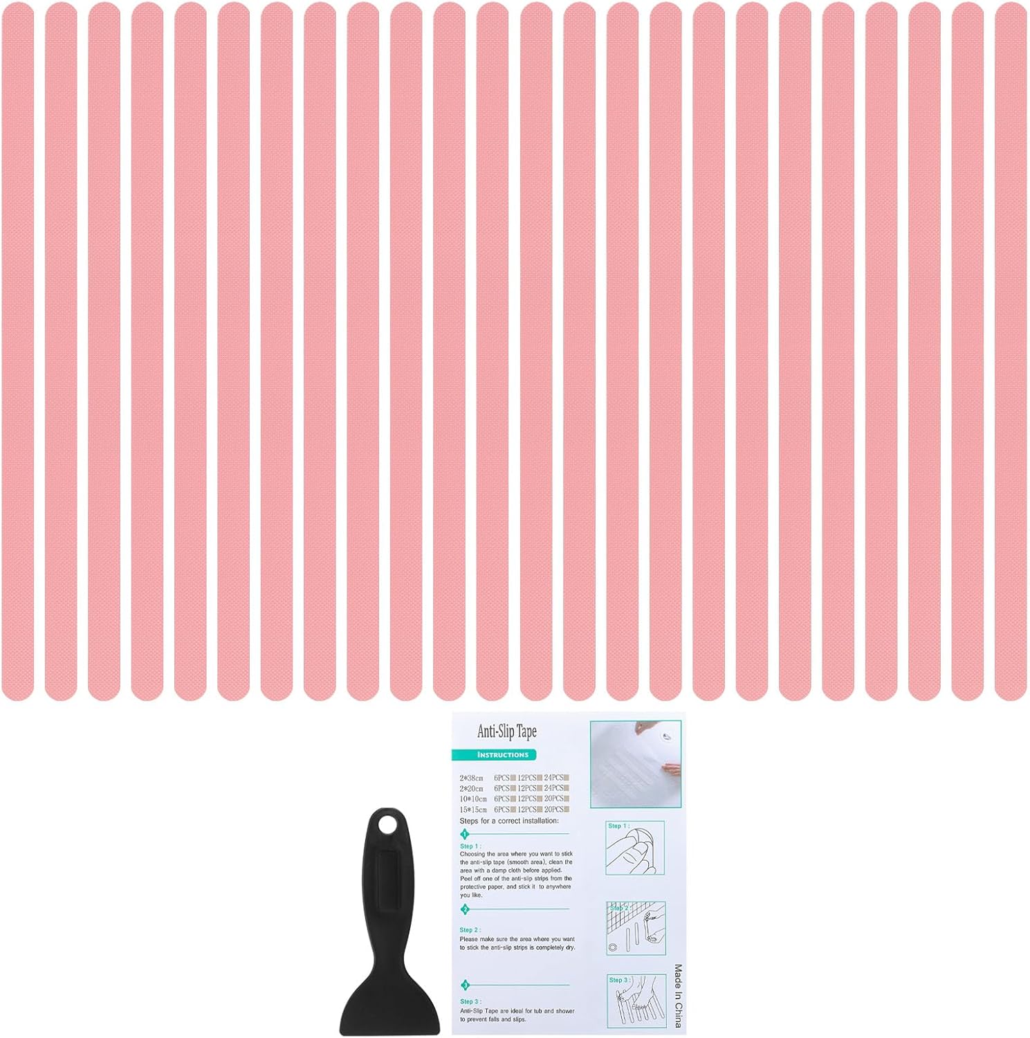 PATIKIL Bathtub Non Slip Stickers 14.96x0.79 Inch, 24 Pack Safety Shower Floor Anti Slip Stickers with Adhesive Decals Scraper for Bath Tub Shower Floor Stair, Pink