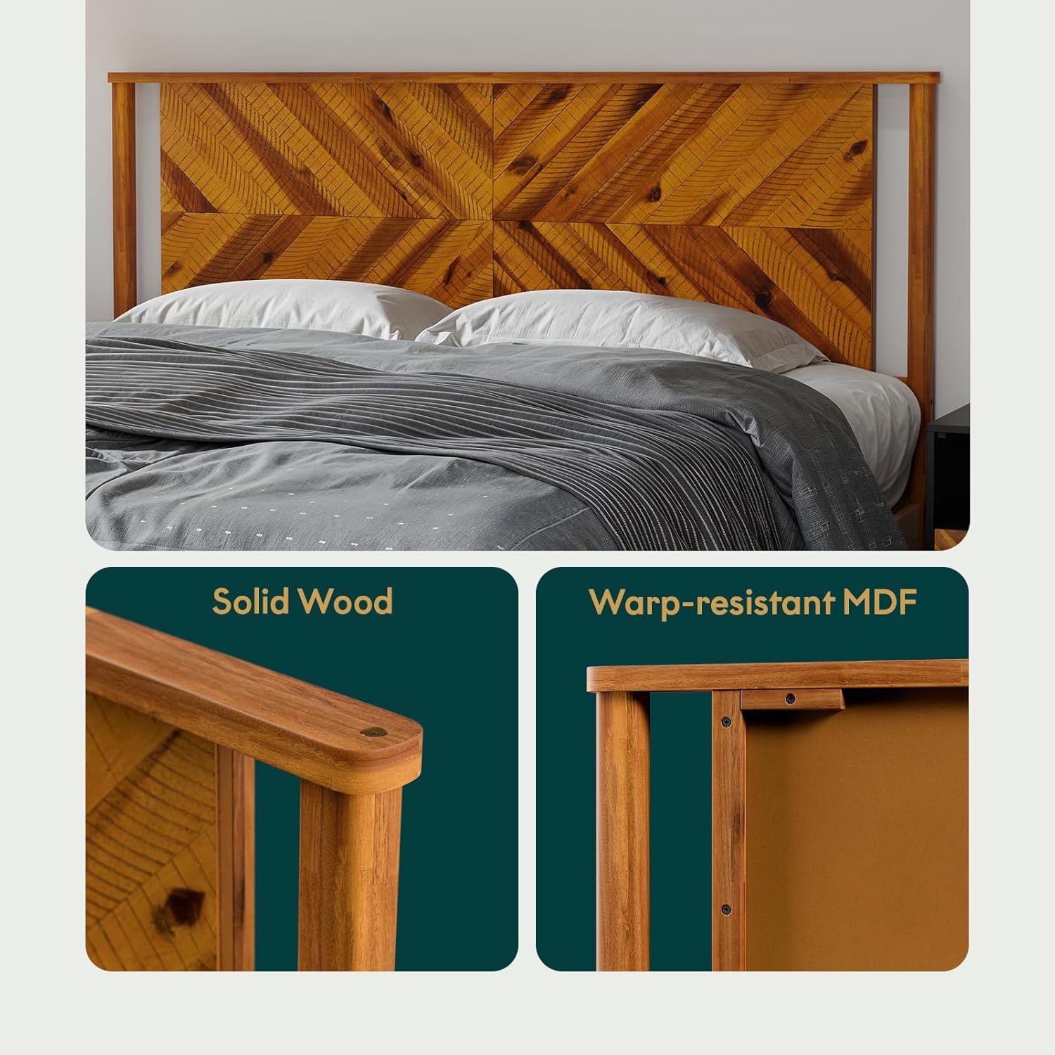 Bme Vivian Headboard ONLY, Rustic & Scandinavian Style with Solid Acacia Wood, Easy Assembly, King, Rustic Golden Brown