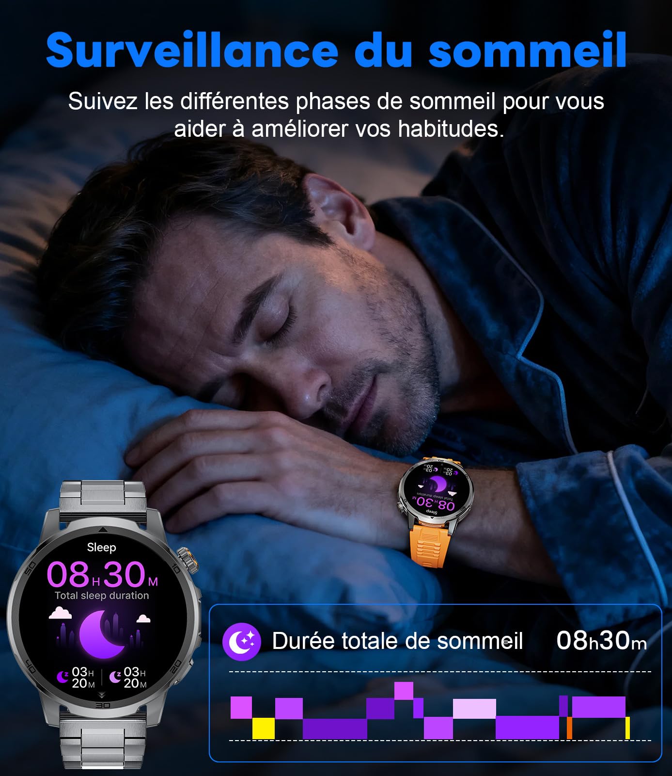 FEELNEVER Montre Connectée Homme avec 1000mAh/1,85'' HD Grand Écran/LED Lampe,Smartwatch Homme avec Moniteur de Fréquence Cardiaque et Sommeil/110+ Modes Sportifs,IP68 Étanche Android iOS, Noir