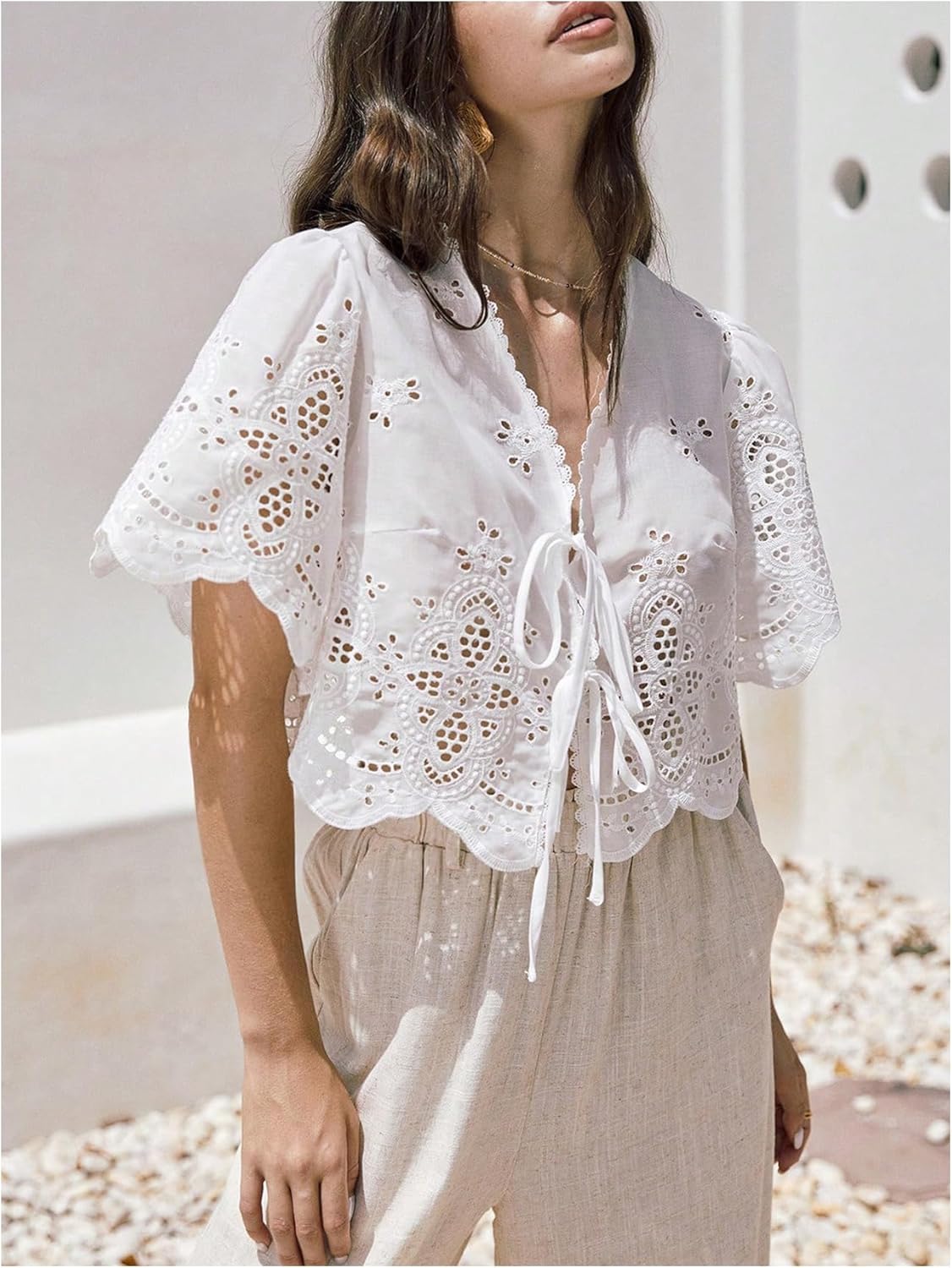 SOLY HUX Women's Hollow Tie Front Crop Tops Ruffle Short Sleeve V Neck Summer Blouse Shirts - Image 5